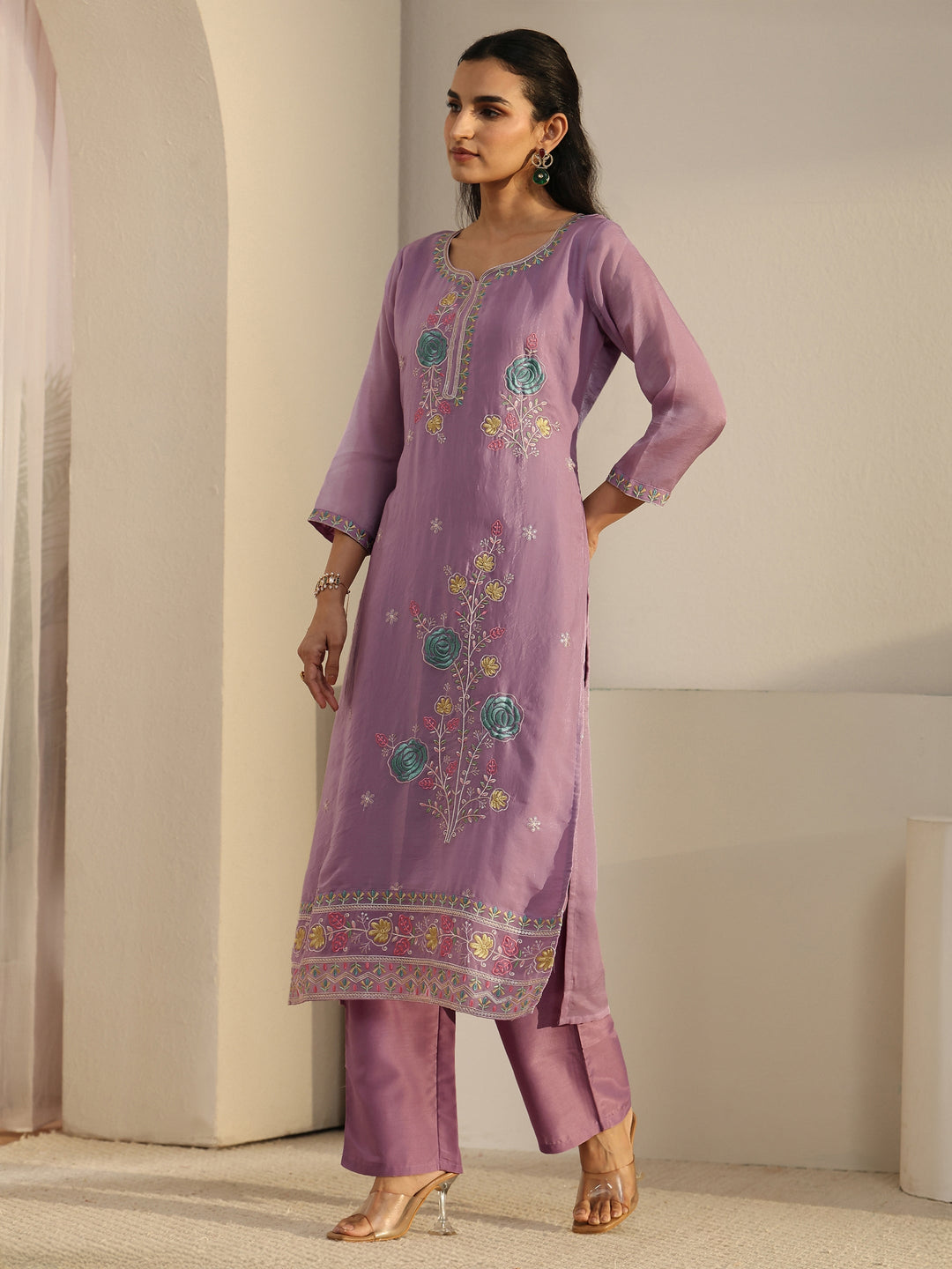 Libas Lavender Floral Embroidered Silk Blend Straight Suit Set 