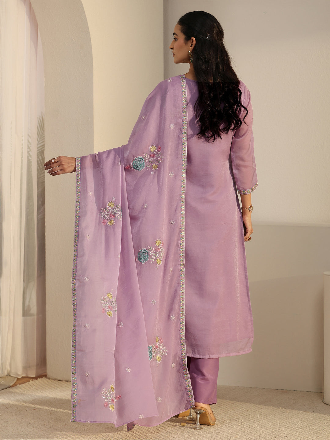  Libas Lavender Floral Embroidered Silk Blend Straight Suit Set 