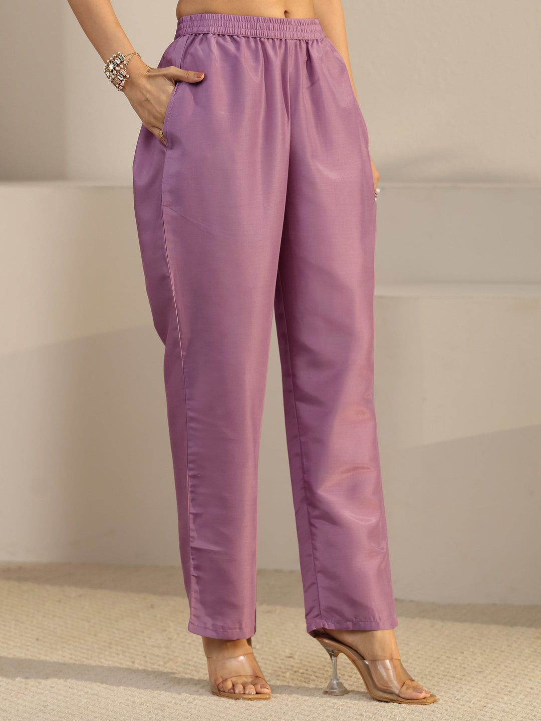  Libas Lavender Floral Embroidered Silk Blend Straight Suit Set 