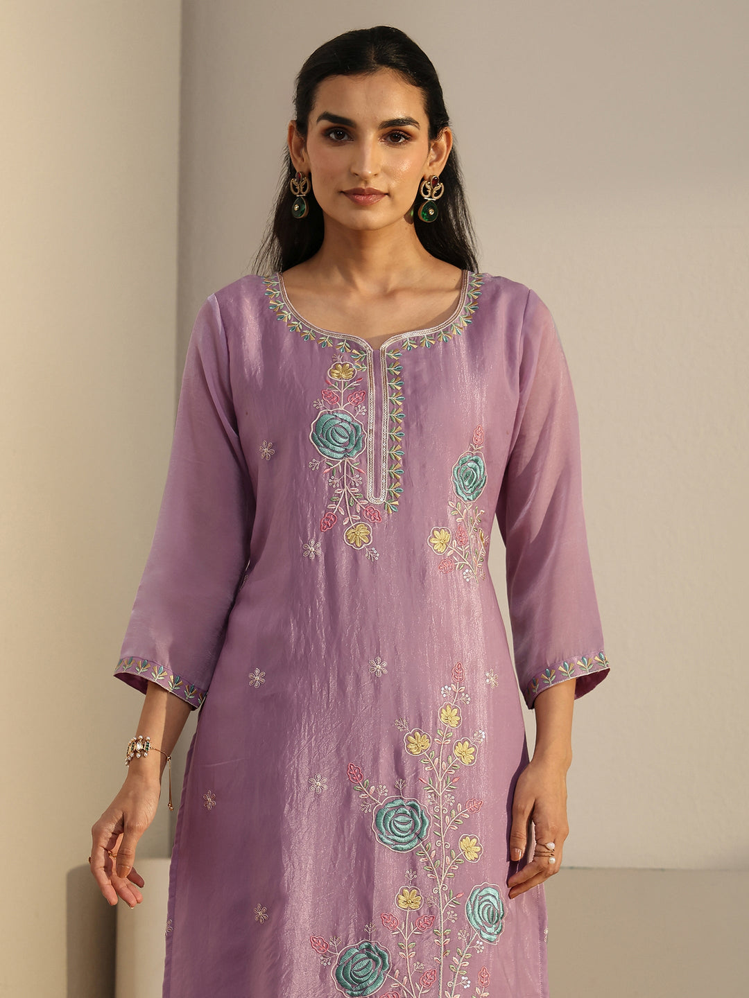  Libas Lavender Floral Embroidered Silk Blend Straight Suit Set 