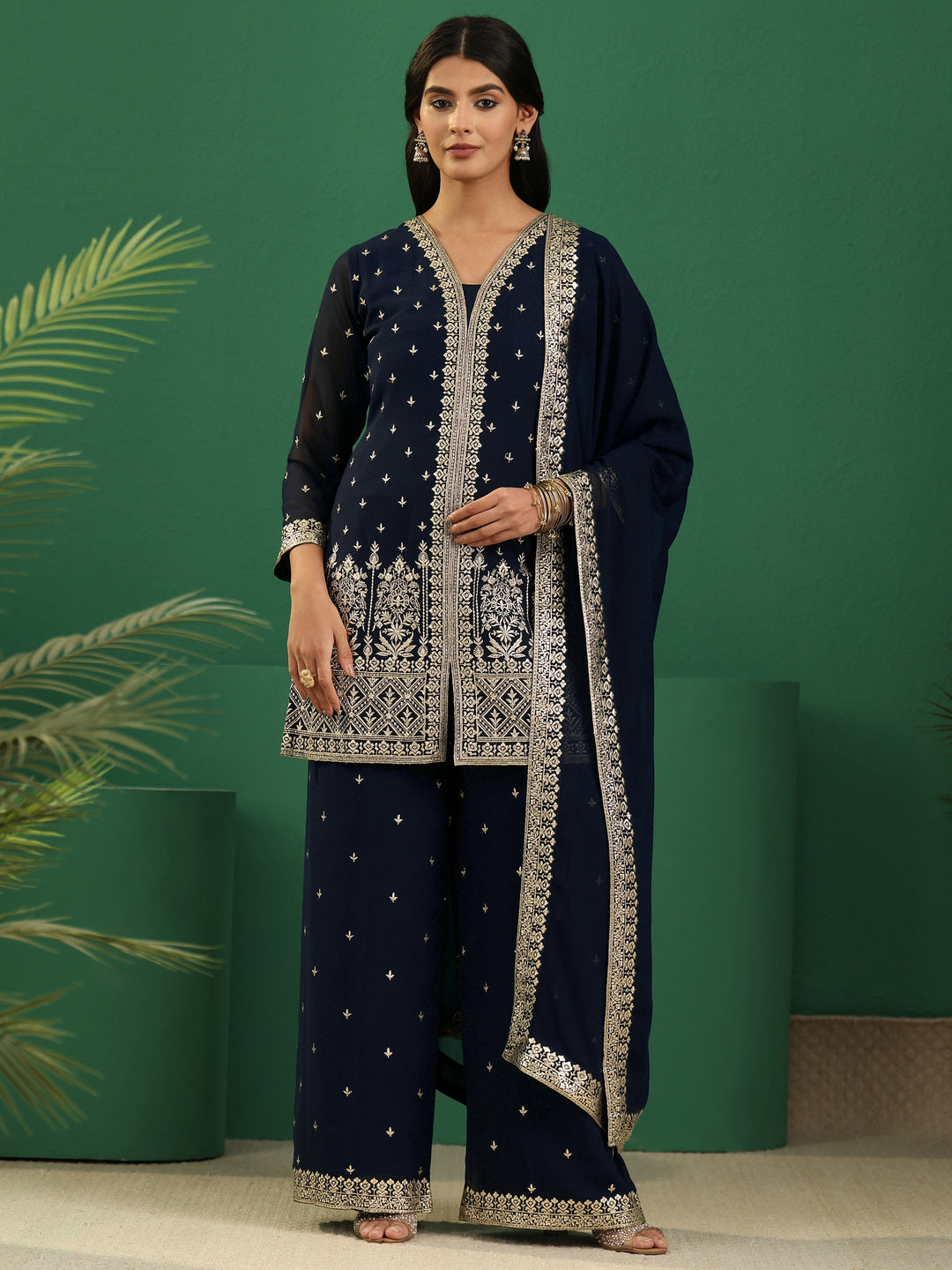  Libas Art Navy Blue Embellished Georgette Palazzo Suit Set 