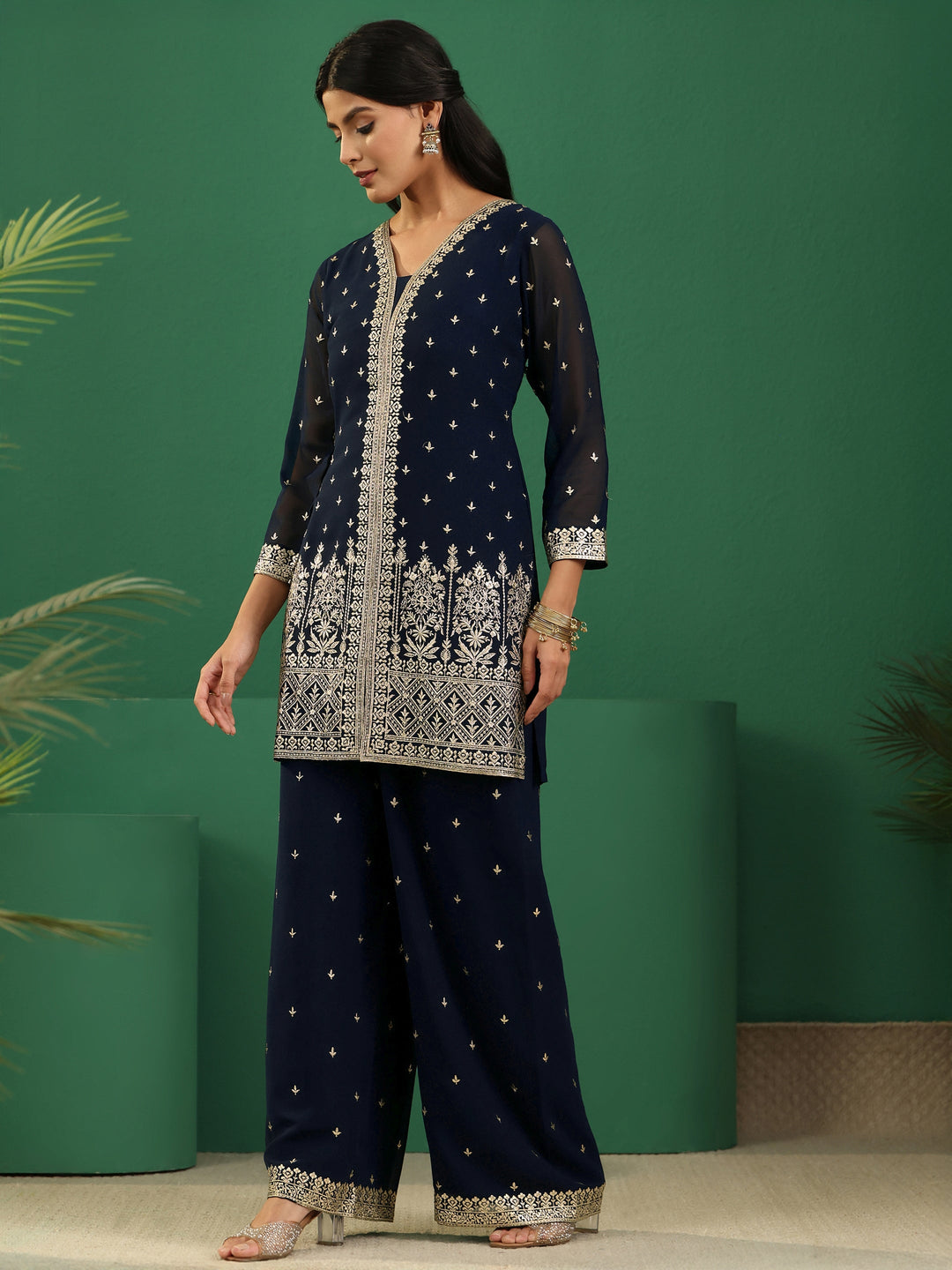  Libas Art Navy Blue Embellished Georgette Palazzo Suit Set 