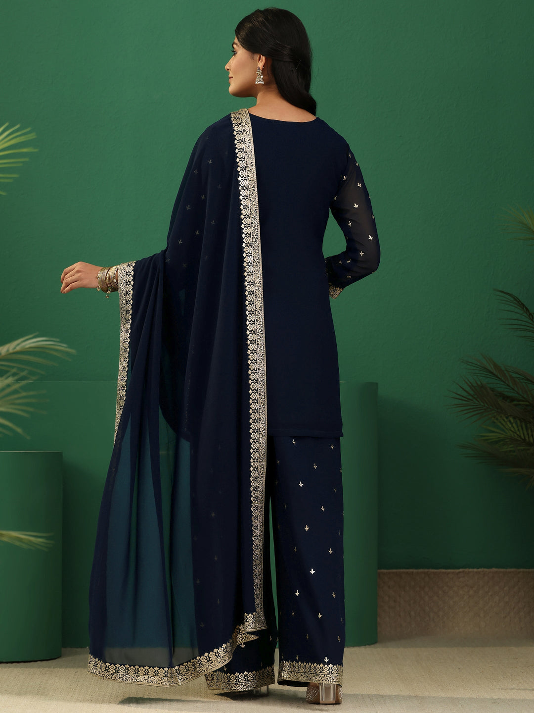  Libas Art Navy Blue Embellished Georgette Palazzo Suit Set 