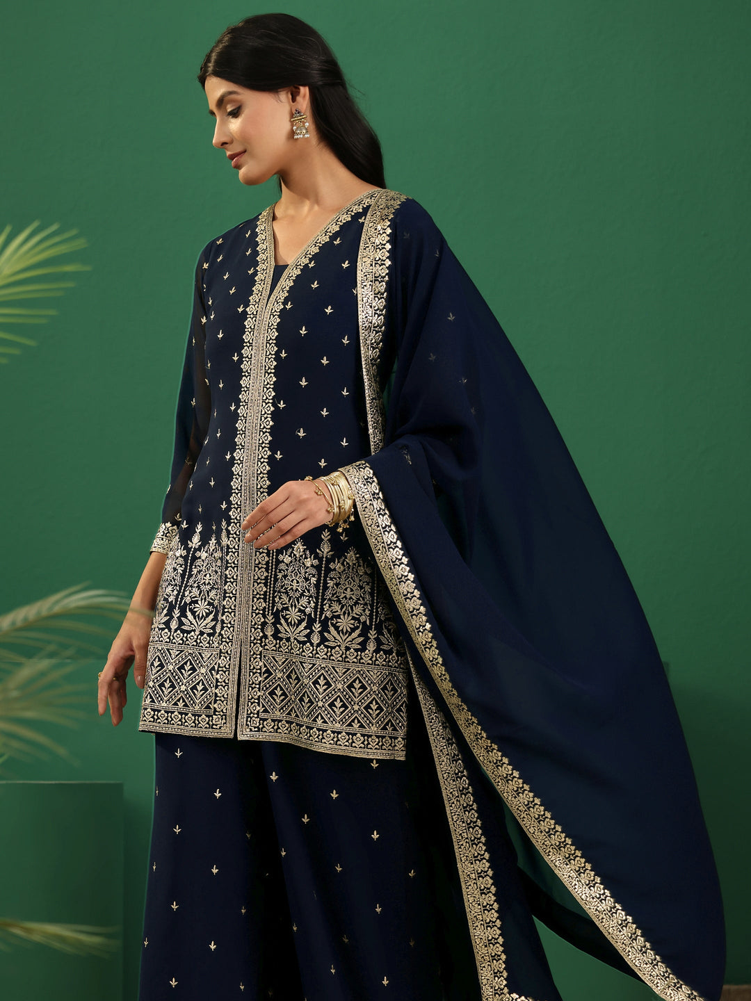  Libas Art Navy Blue Embellished Georgette Palazzo Suit Set 