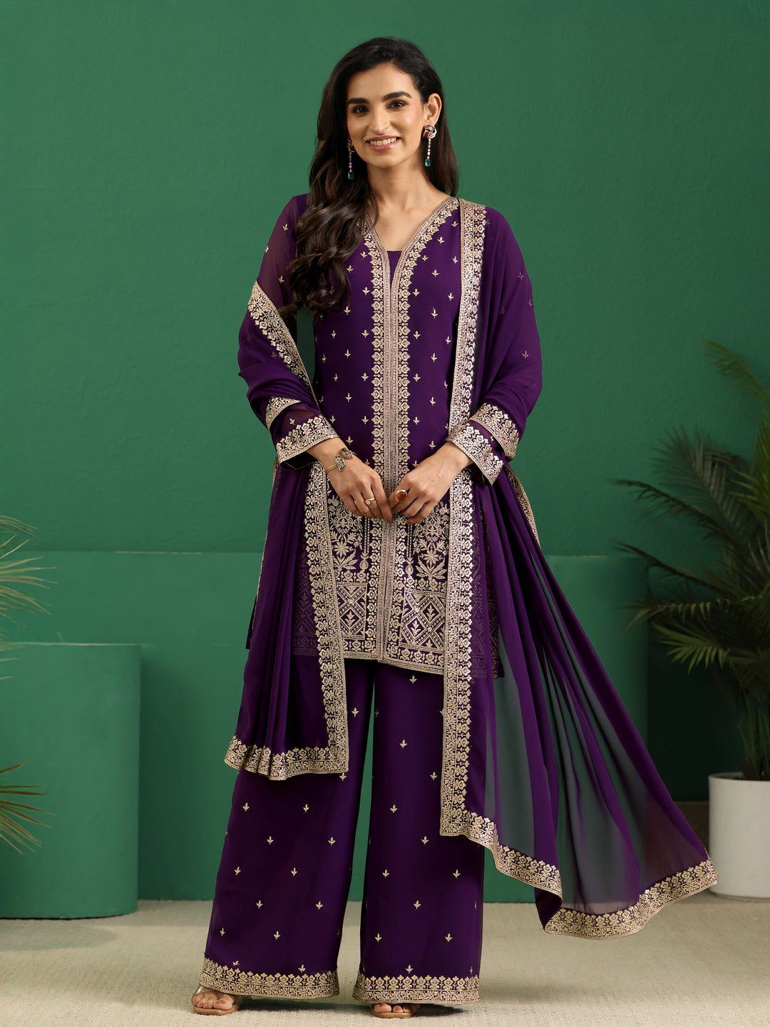  Libas Art Aubergine Purple Embellished Georgette Palazzo Suit Set 