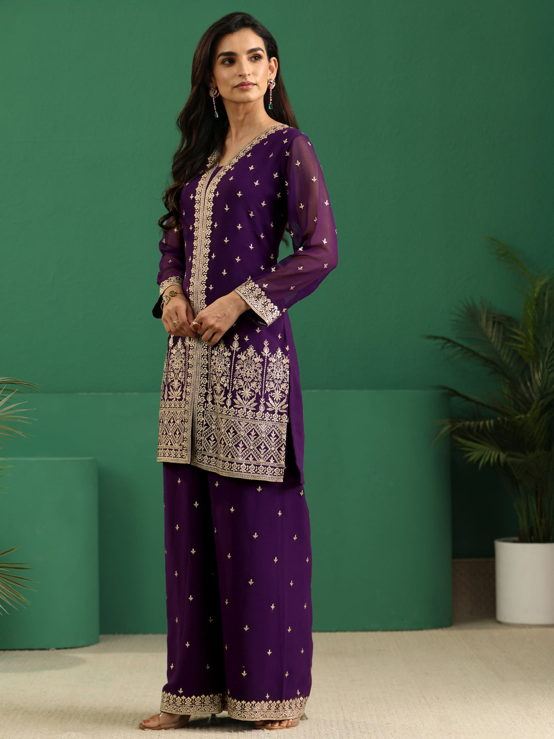  Libas Art Aubergine Purple Embellished Georgette Palazzo Suit Set 