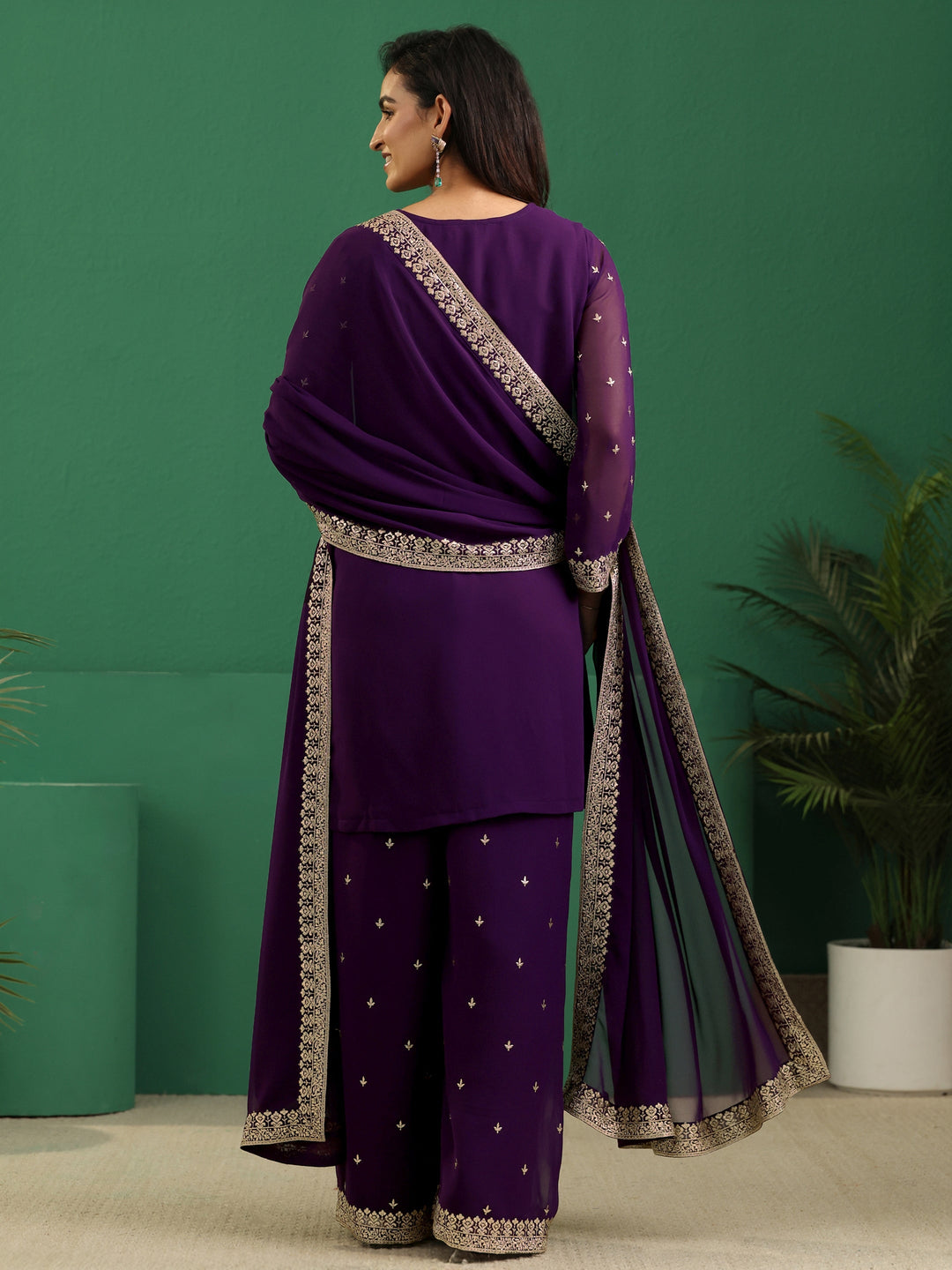  Libas Art Aubergine Purple Embellished Georgette Palazzo Suit Set 