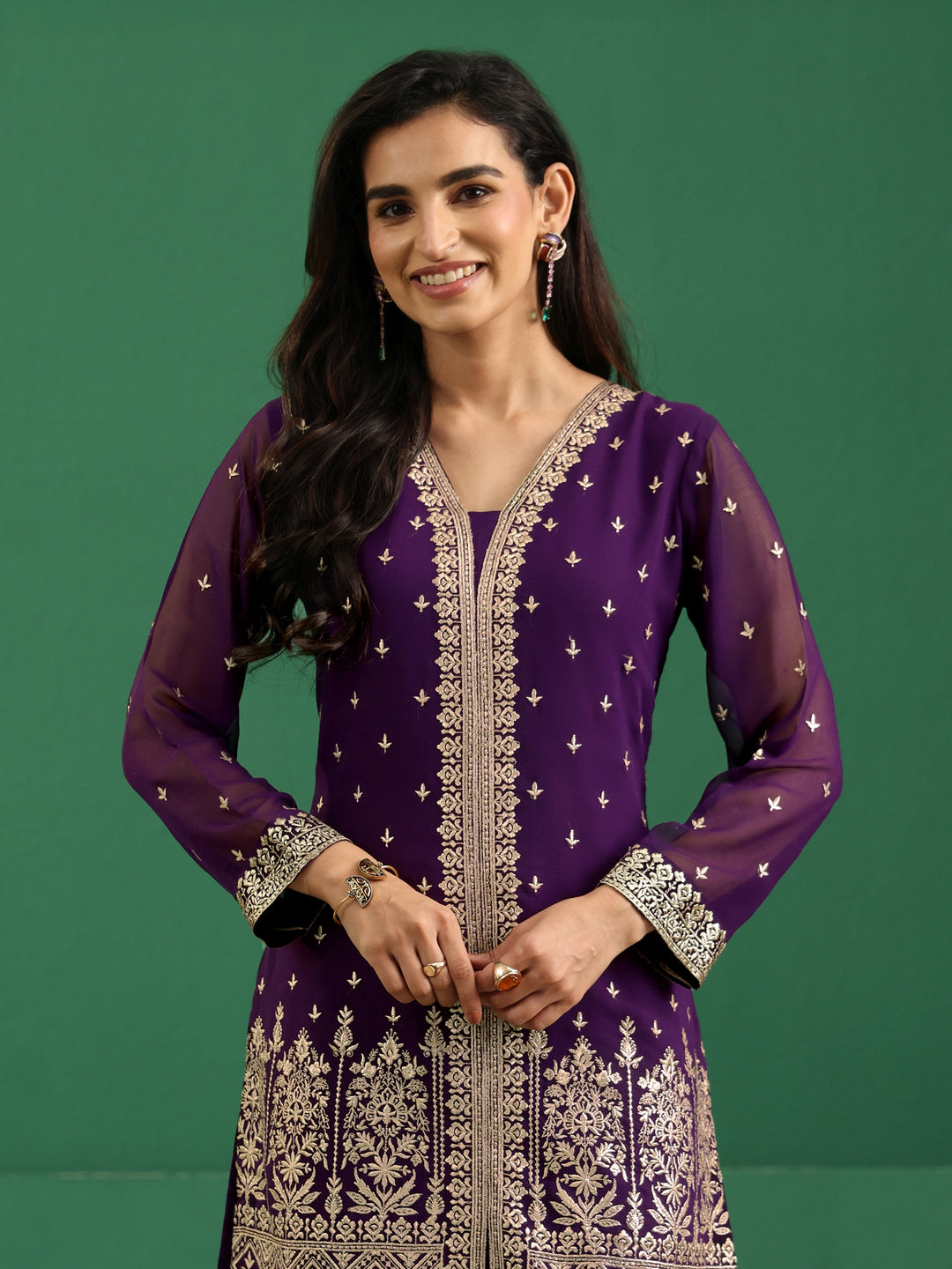  Libas Art Aubergine Purple Embellished Georgette Palazzo Suit Set 