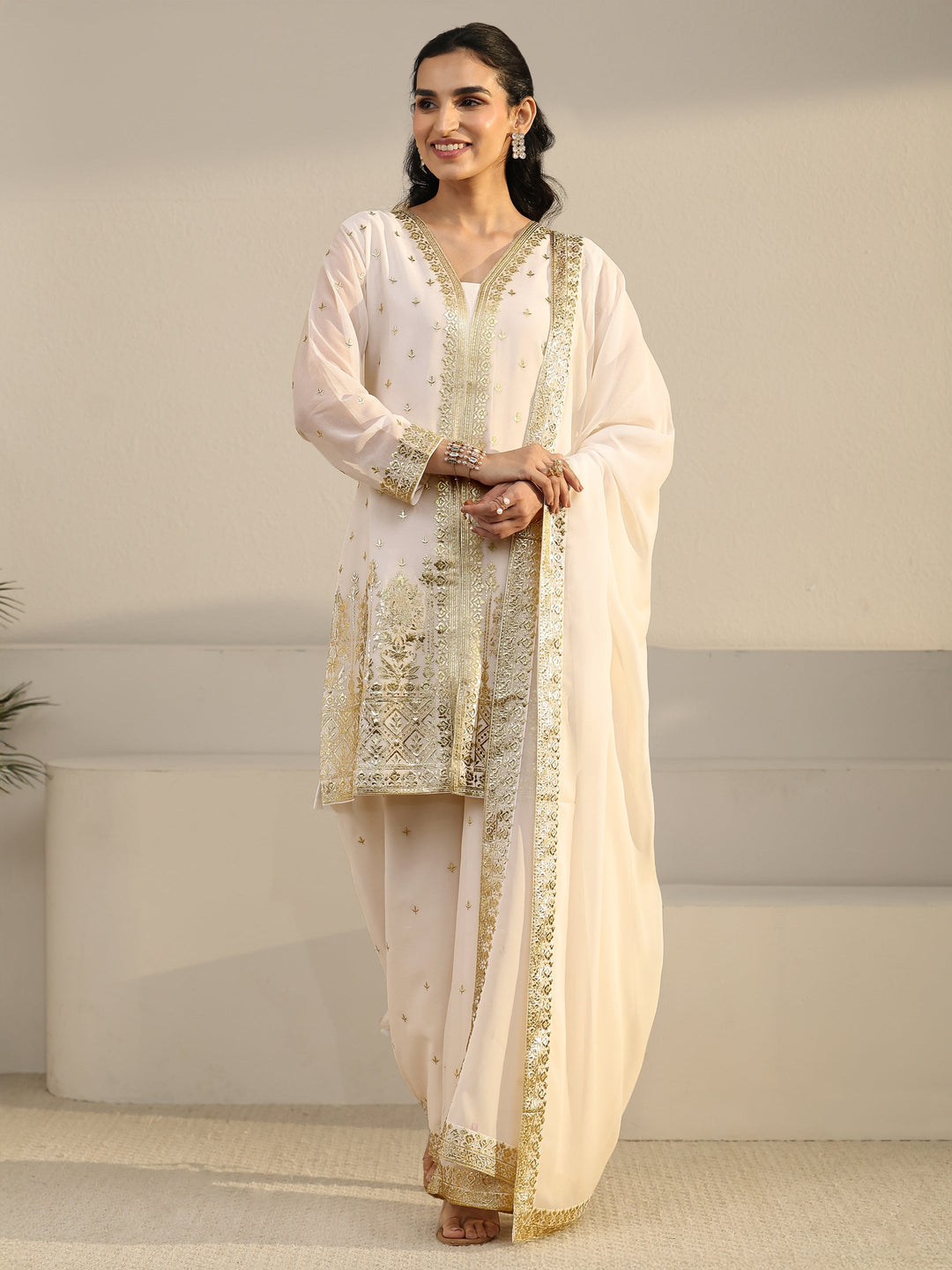  Libas Art White Zari Emboridered Georgette Palazzo Suit Set 