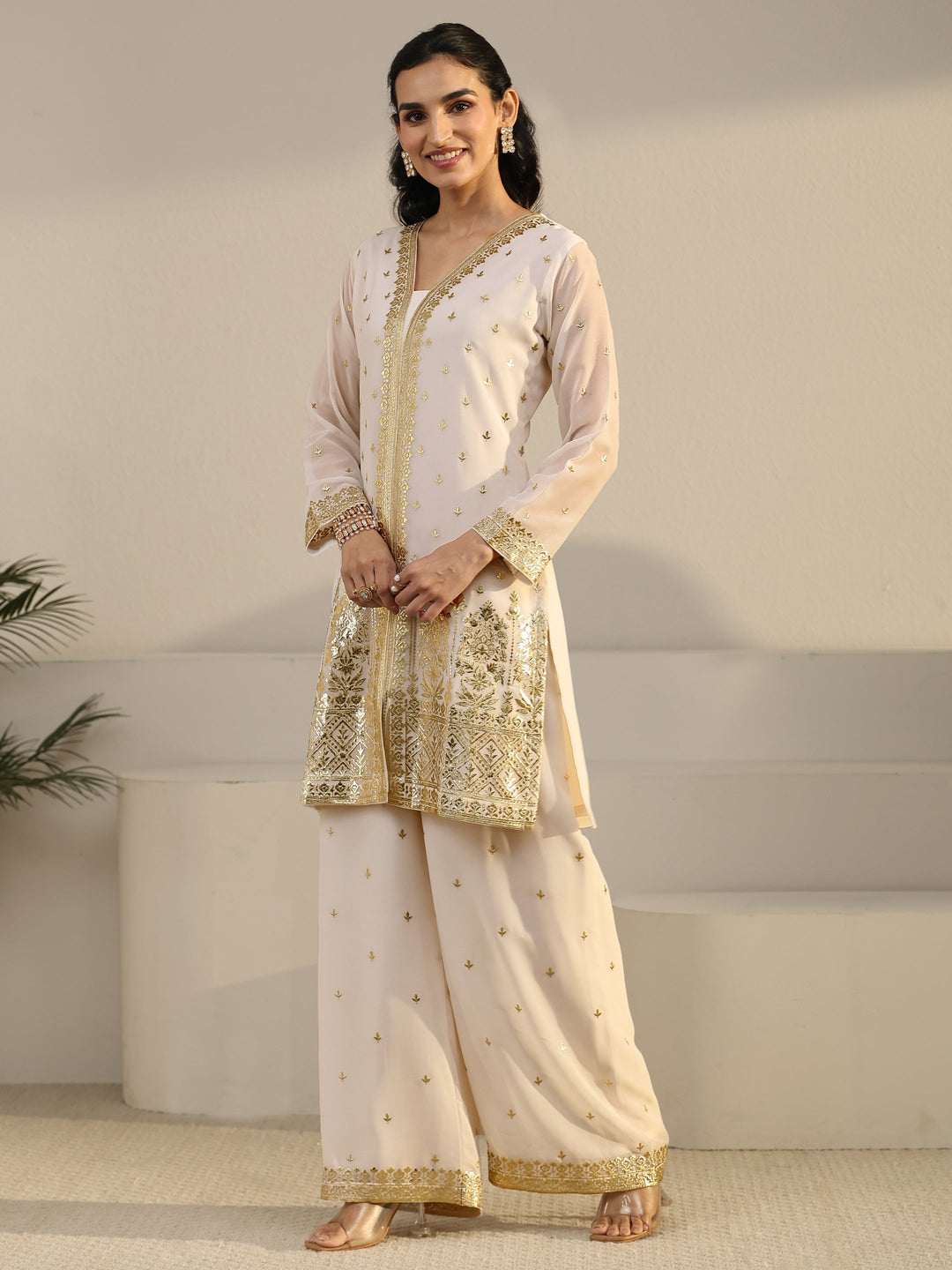  Libas Art White Zari Emboridered Georgette Palazzo Suit Set 