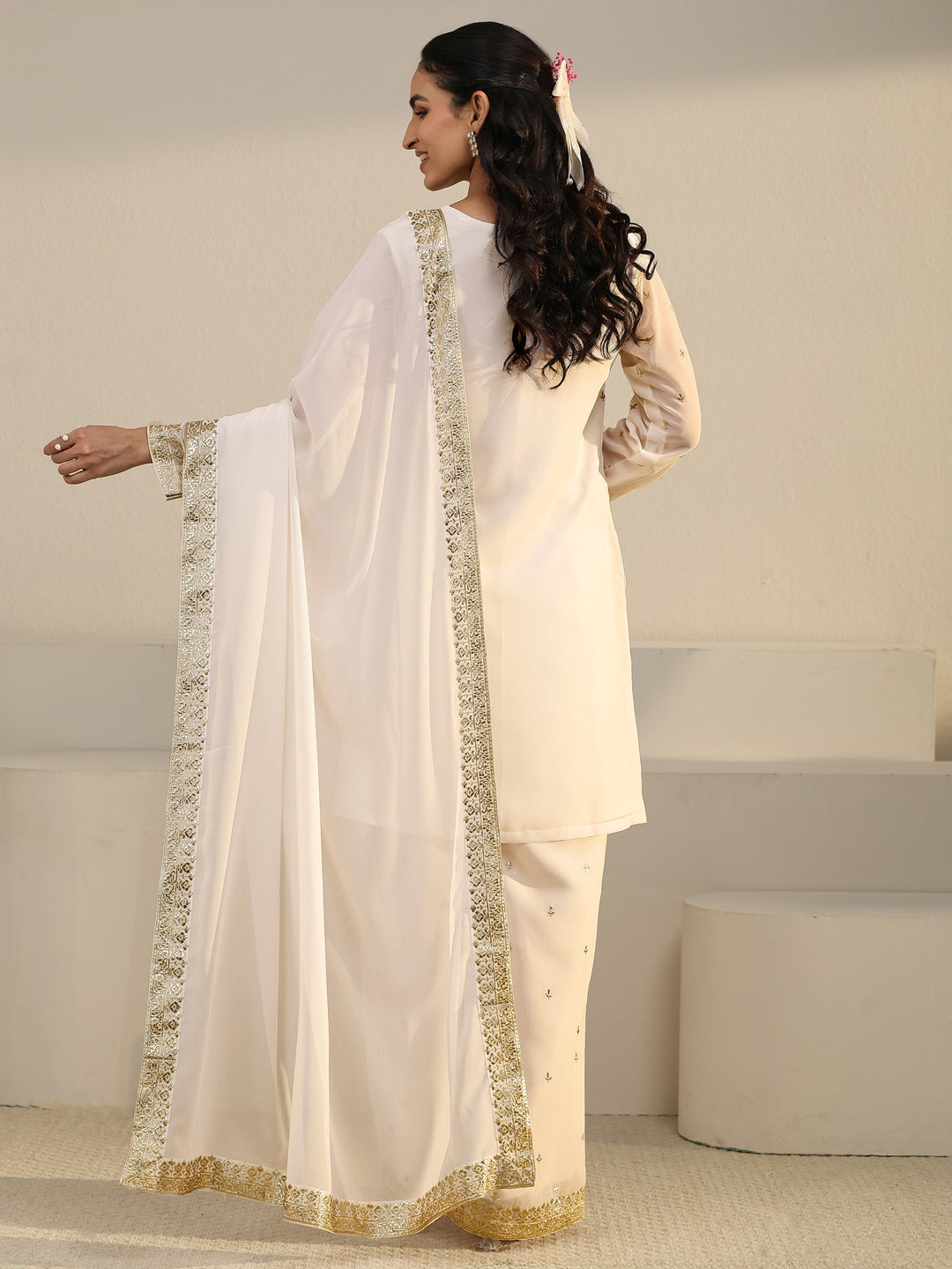  Libas Art White Zari Emboridered Georgette Palazzo Suit Set 