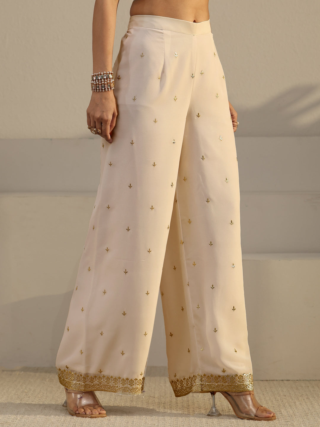 Libas Art White Zari Emboridered Georgette Palazzo Suit Set 