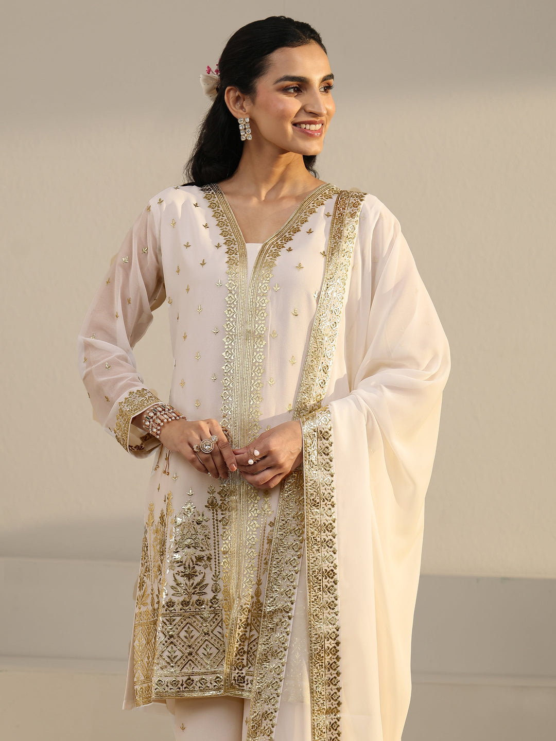  Libas Art White Zari Emboridered Georgette Palazzo Suit Set 
