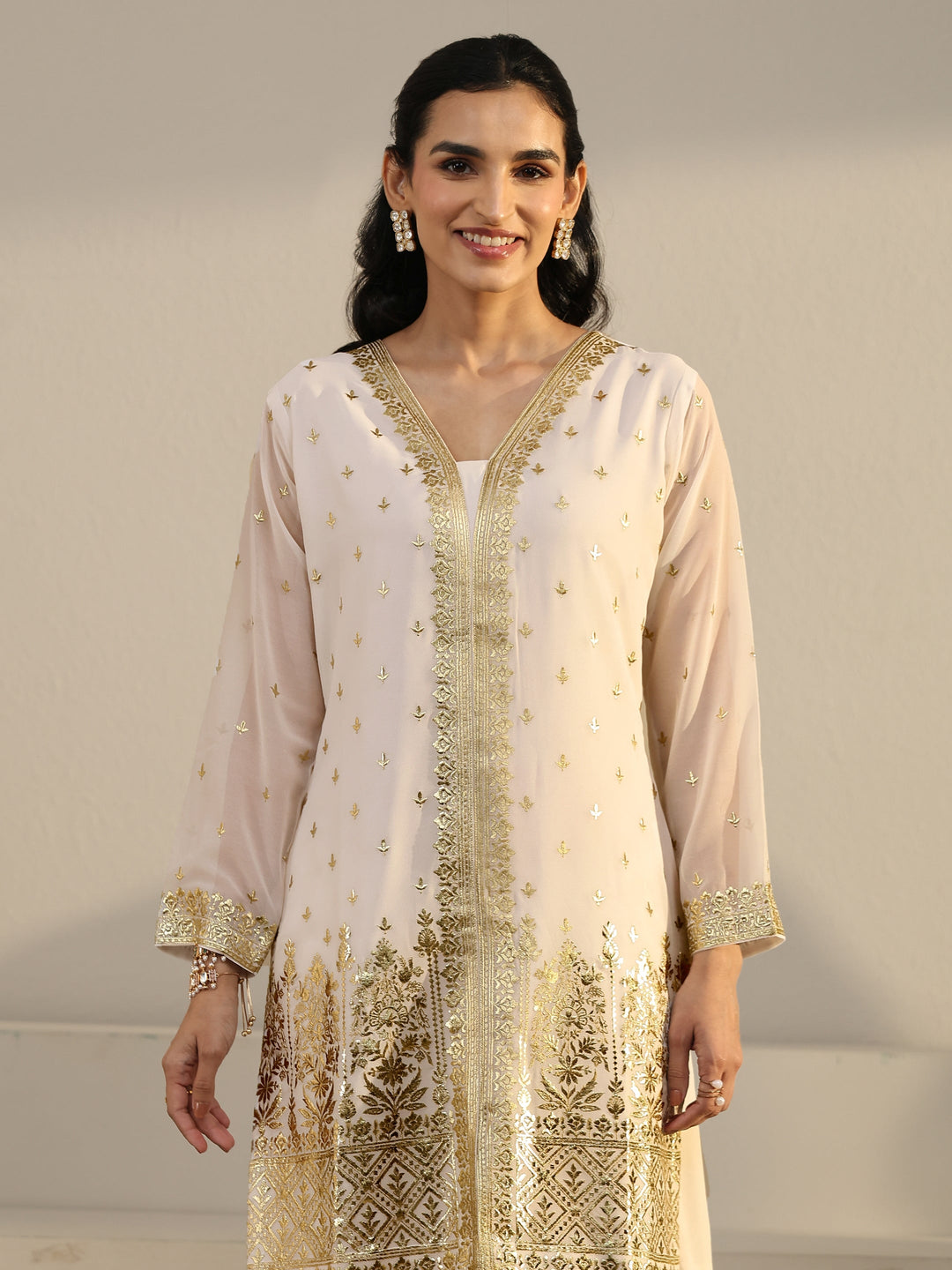 Libas Art White Zari Emboridered Georgette Palazzo Suit Set 