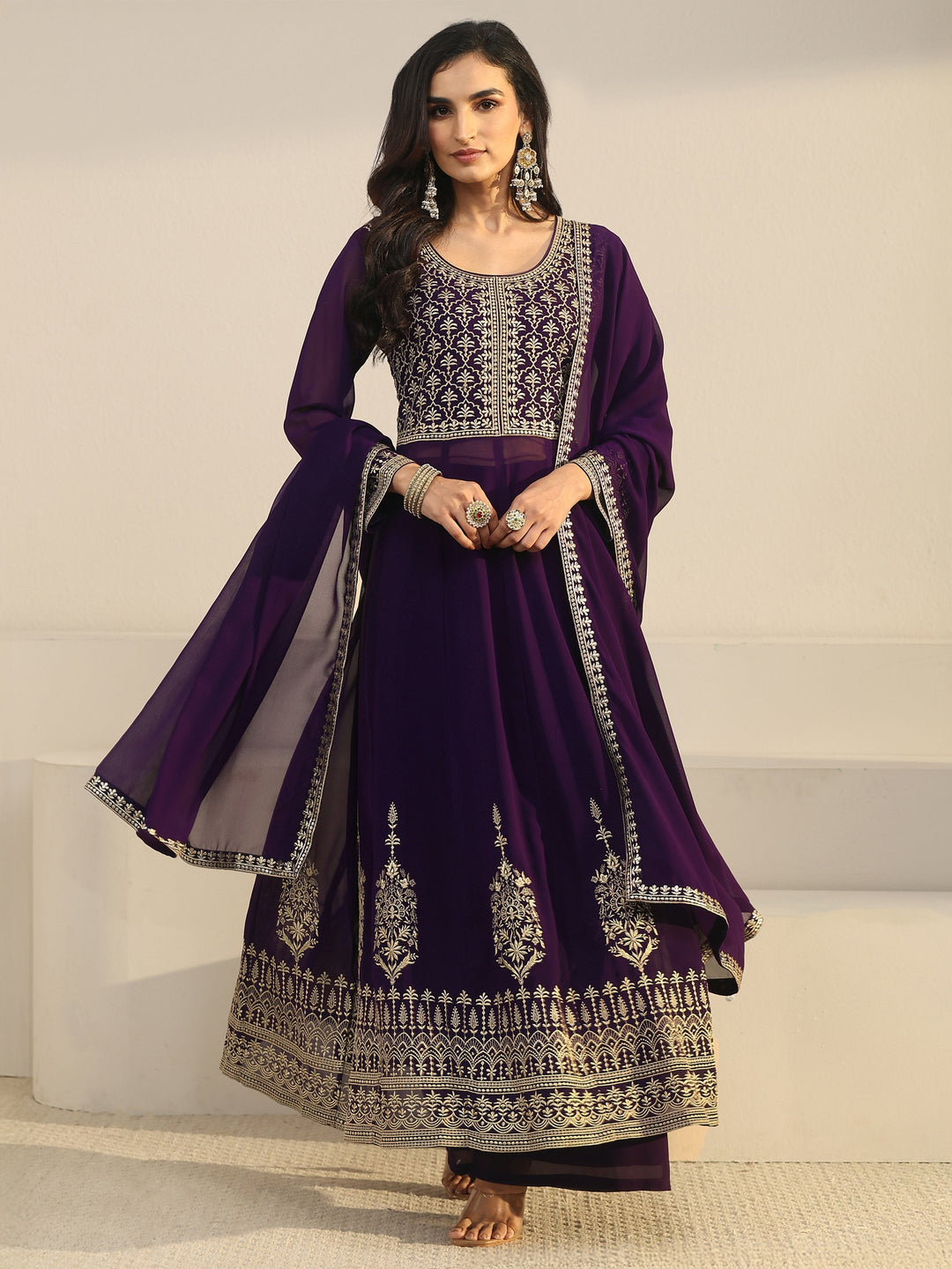  Libas Art Plum Purple Floral Embroidered Georgette Anarkali Suit Set 
