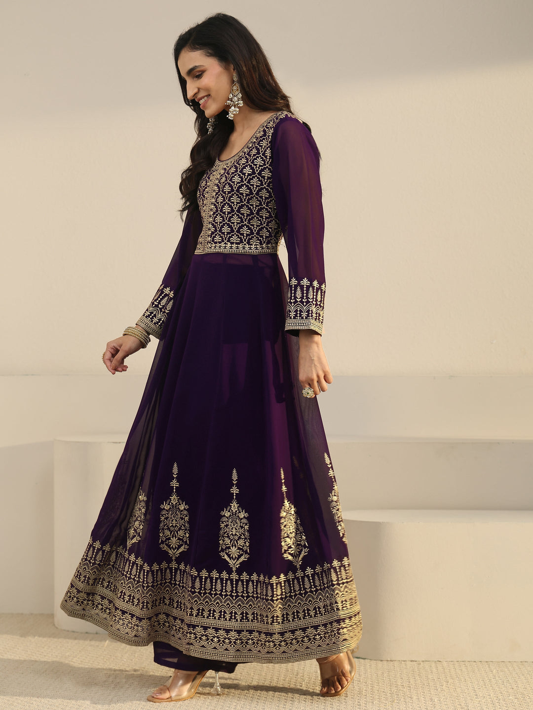  Libas Art Plum Purple Floral Embroidered Georgette Anarkali Suit Set 