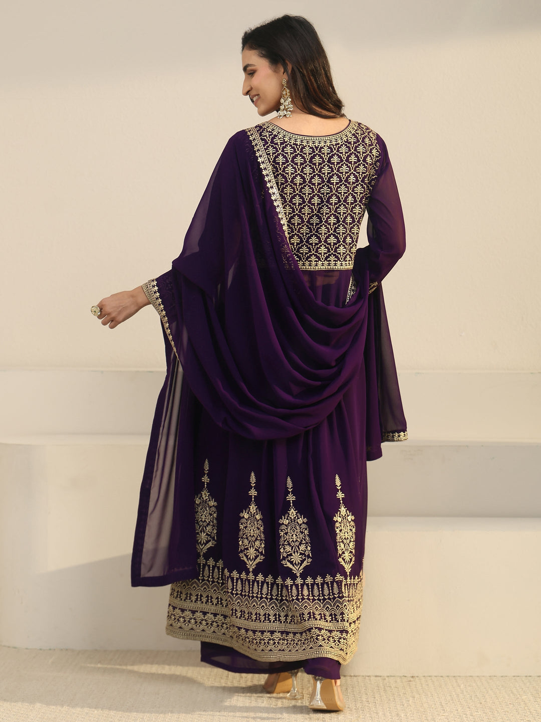  Libas Art Plum Purple Floral Embroidered Georgette Anarkali Suit Set 