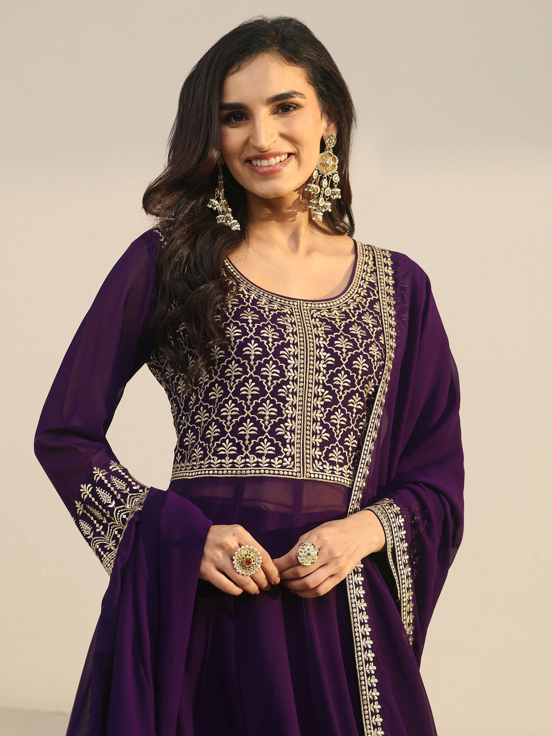  Libas Art Plum Purple Floral Embroidered Georgette Anarkali Suit Set 
