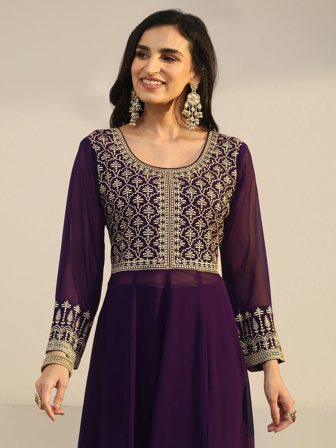  Libas Art Plum Purple Floral Embroidered Georgette Anarkali Suit Set 