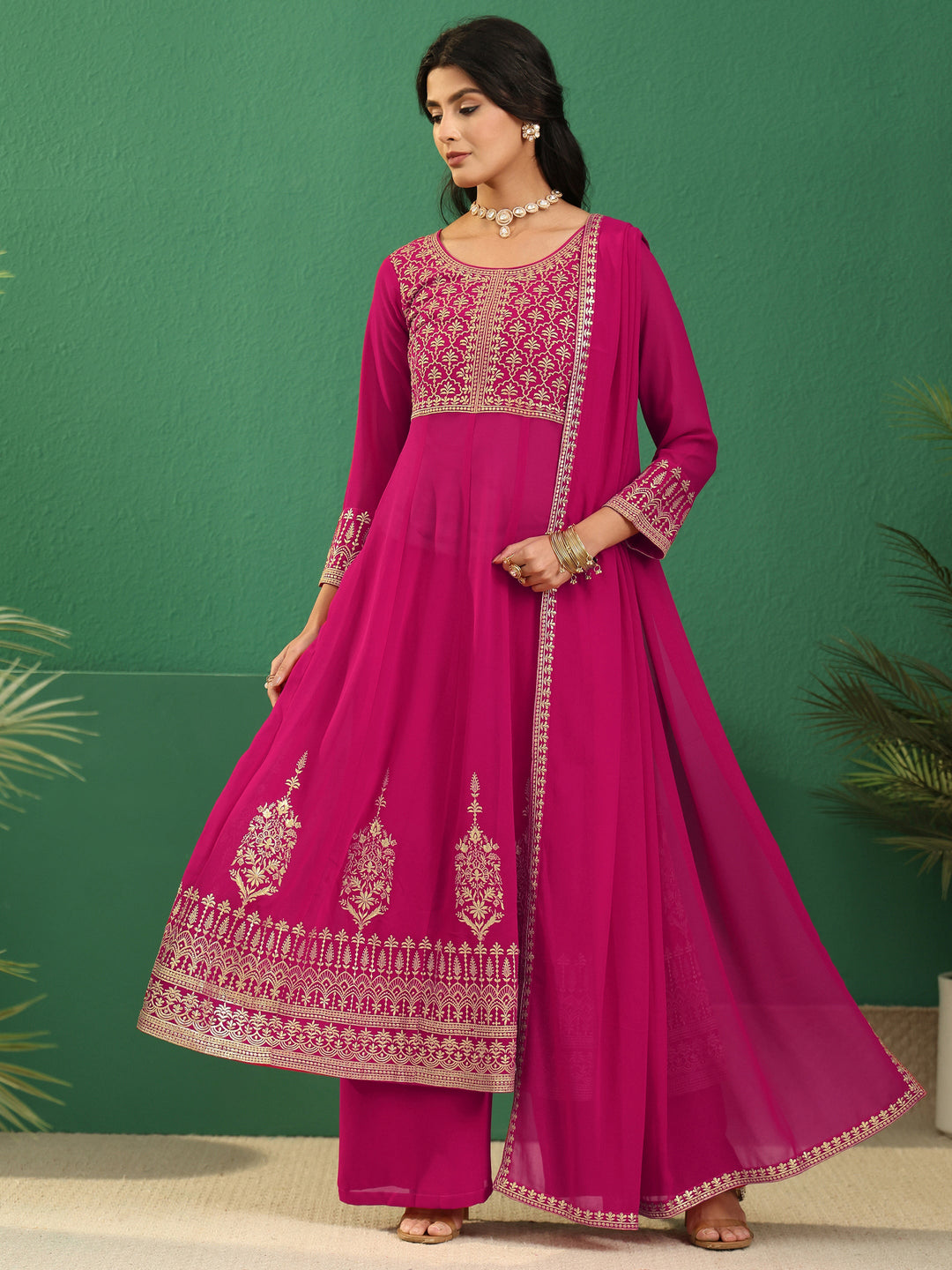  Libas Art Rani Pink Floral Embroidered Georgette Anarkali Suit Set 