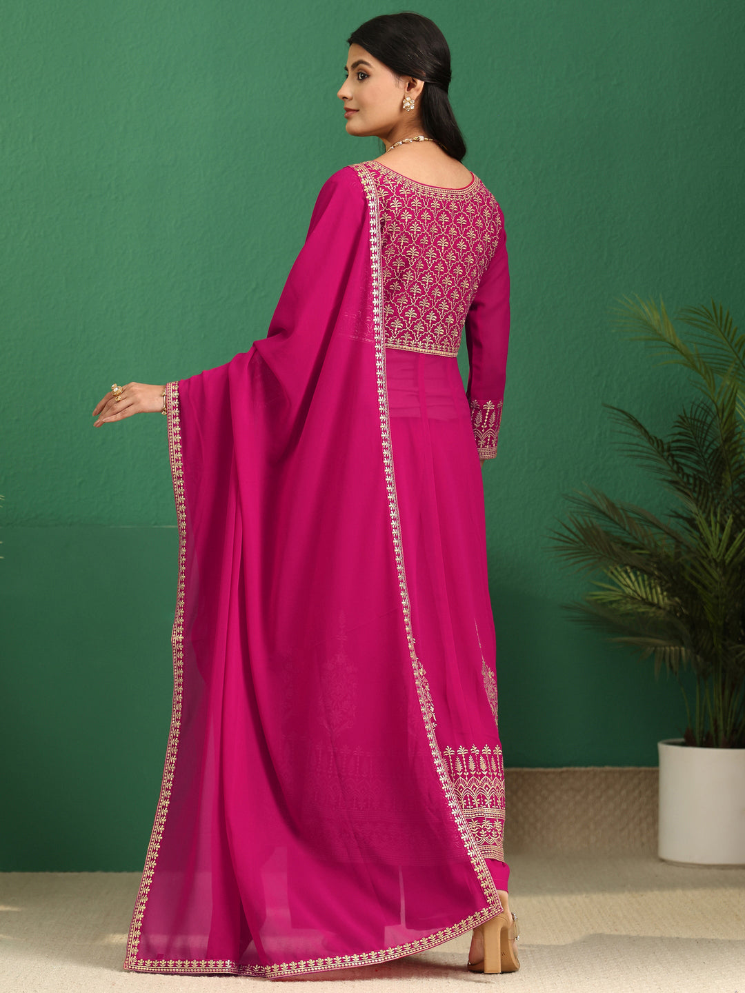  Libas Art Rani Pink Floral Embroidered Georgette Anarkali Suit Set 
