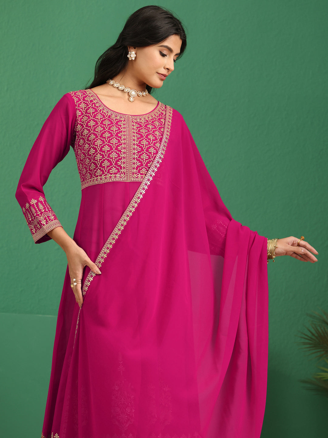  Libas Art Rani Pink Floral Embroidered Georgette Anarkali Suit Set 