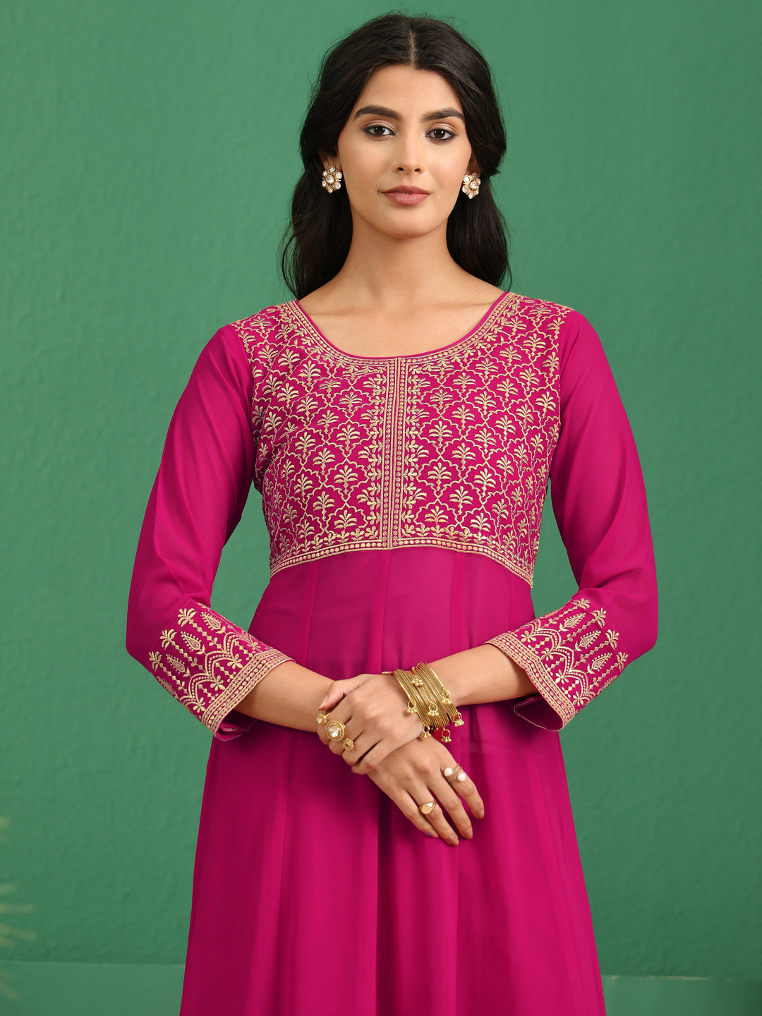  Libas Art Rani Pink Floral Embroidered Georgette Anarkali Suit Set 