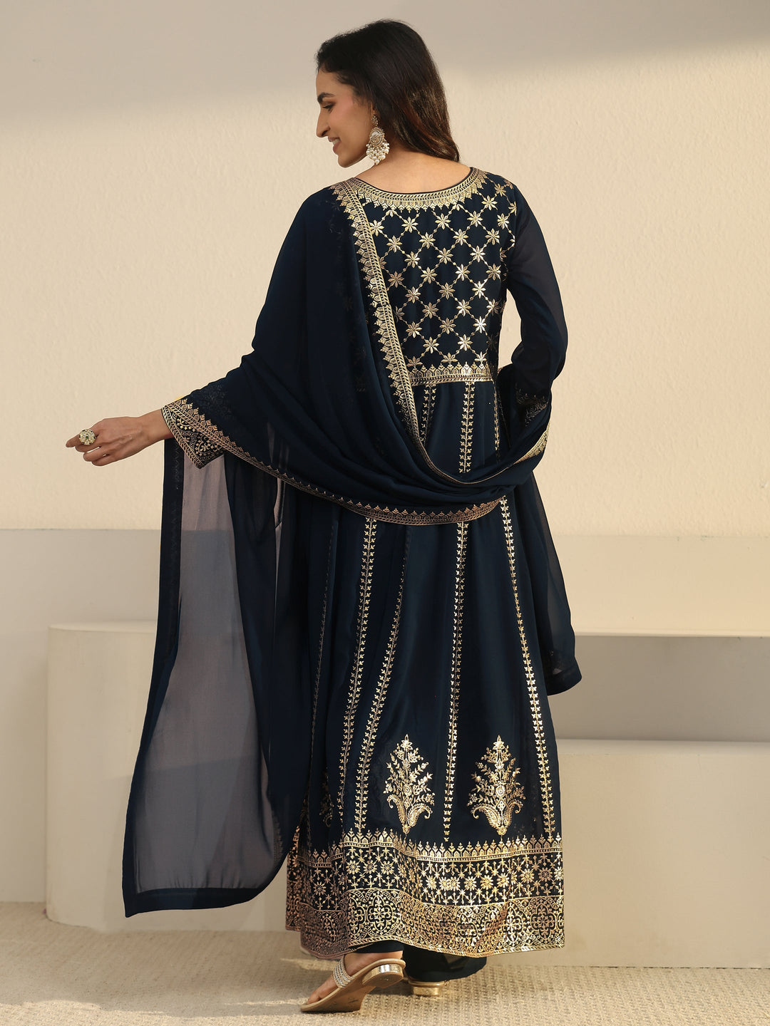  Libas Art Navy Blue Floral Embroidered Georgette Anarkali Suit Set 