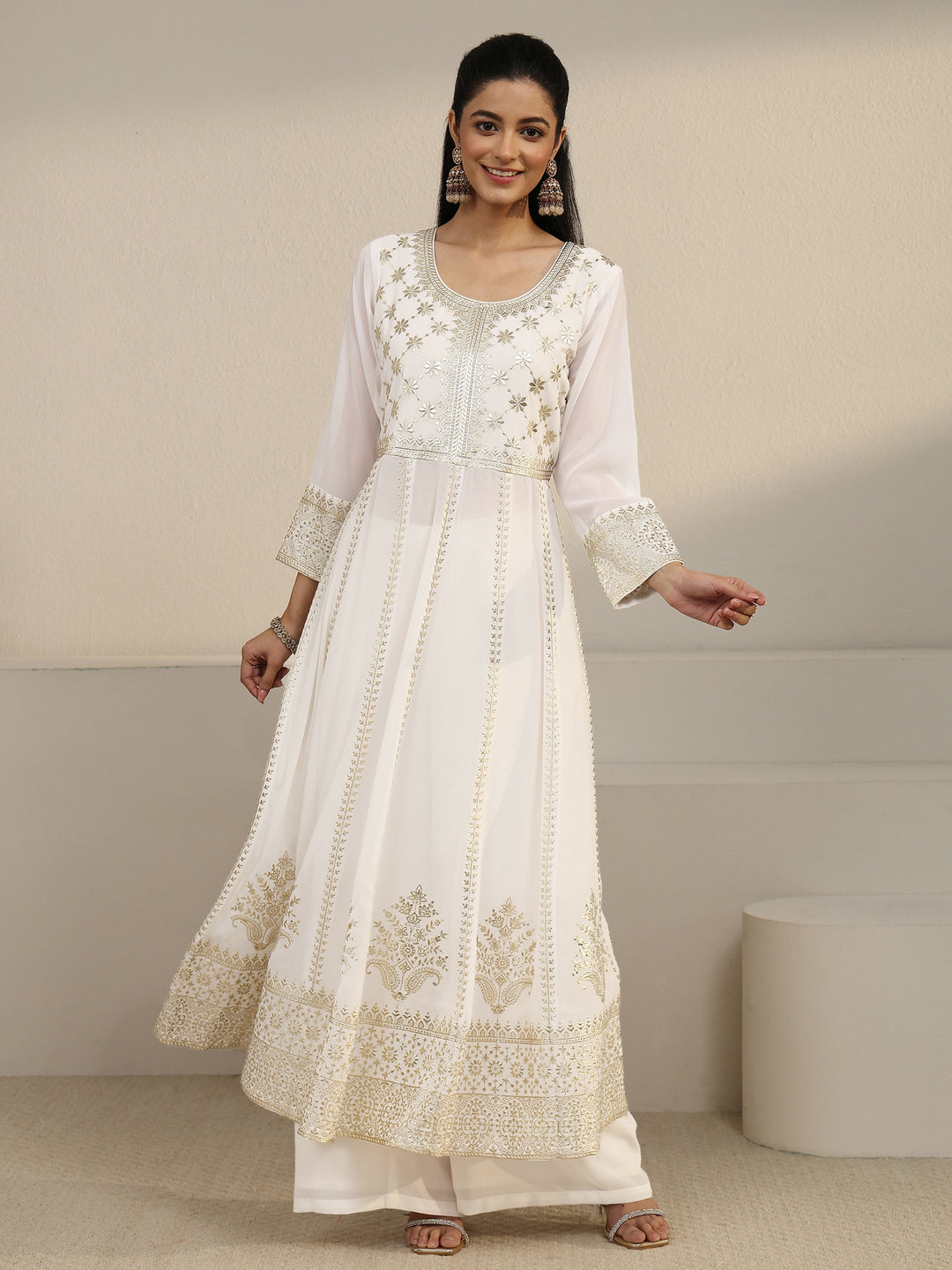  Libas Art White Floral Embroidered Georgette Anarkali Suit Set 