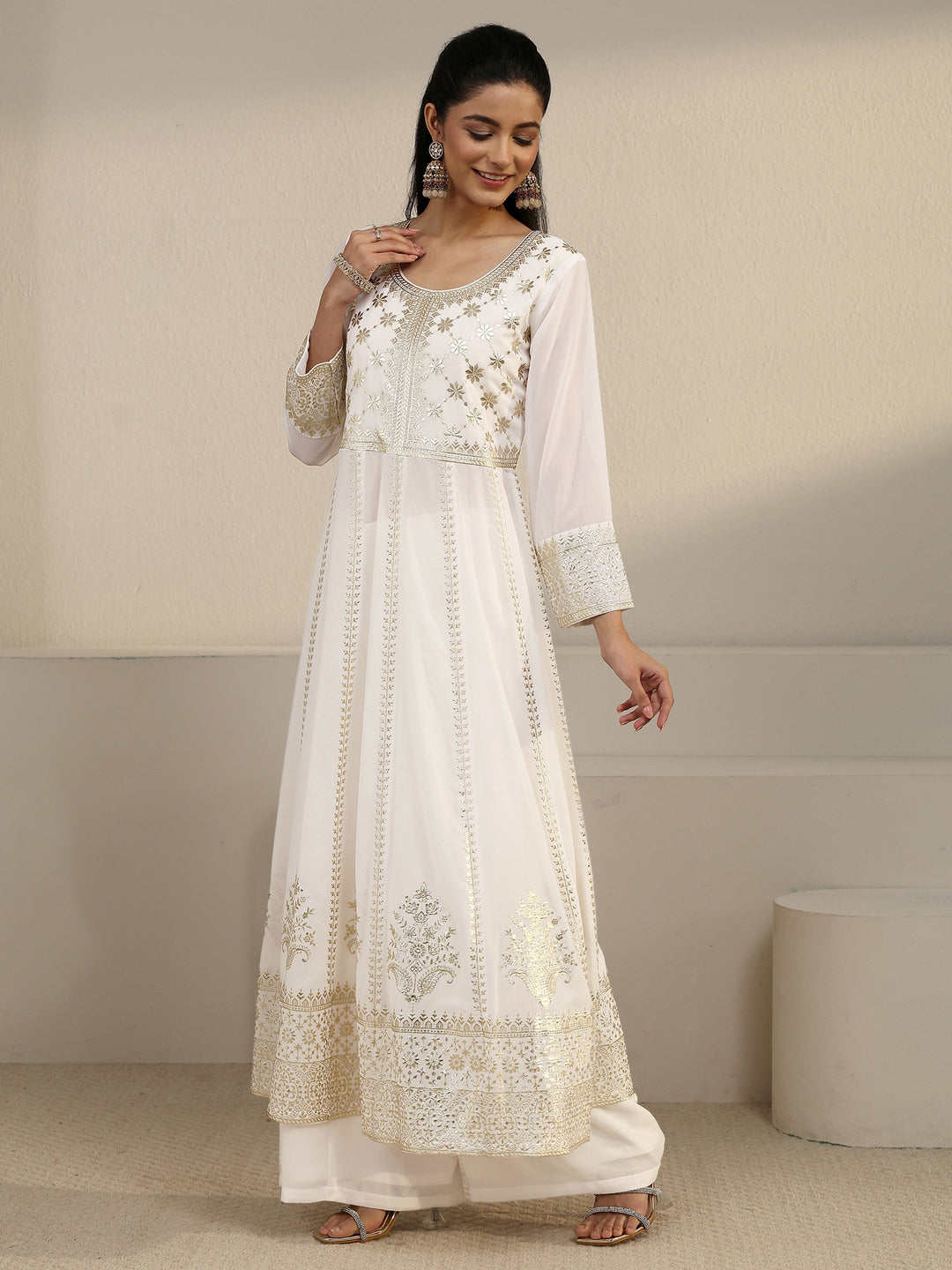  Libas Art White Floral Embroidered Georgette Anarkali Suit Set 