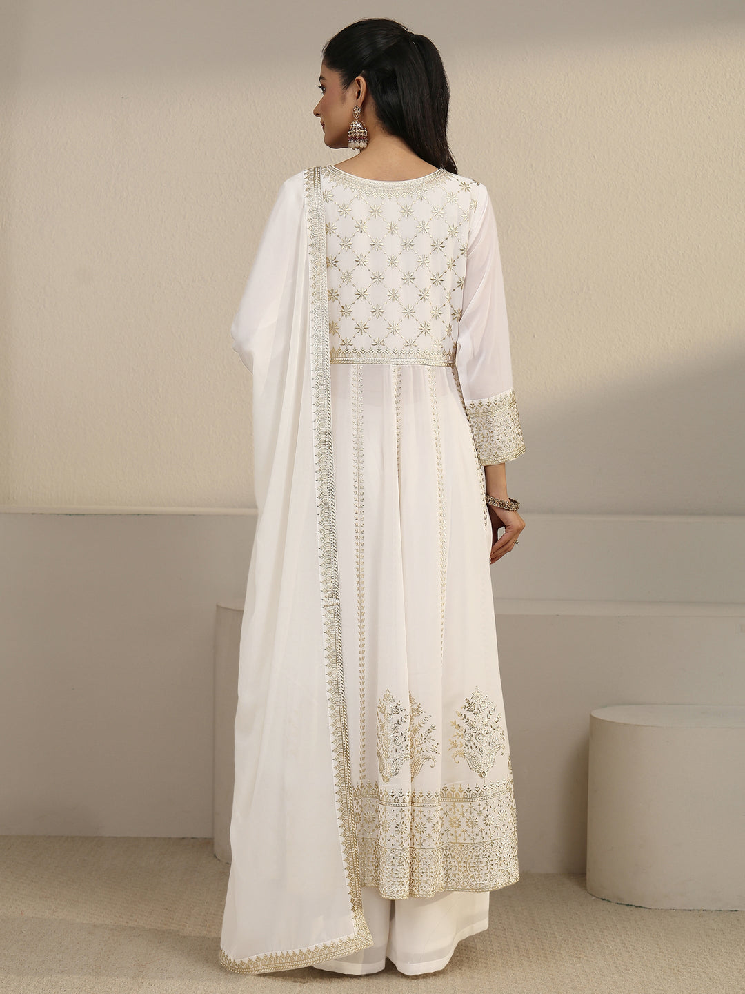  Libas Art White Floral Embroidered Georgette Anarkali Suit Set 
