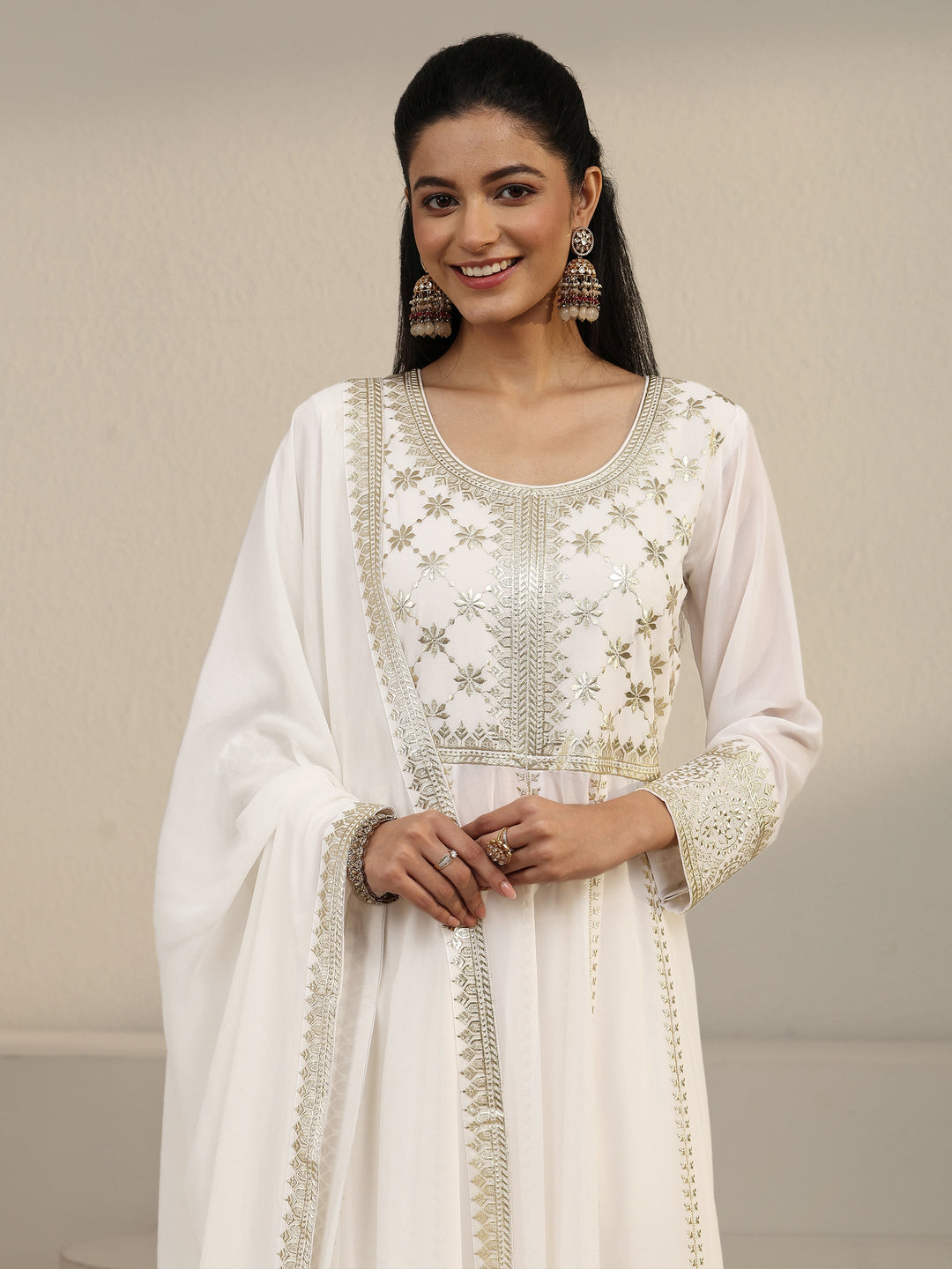  Libas Art White Floral Embroidered Georgette Anarkali Suit Set 