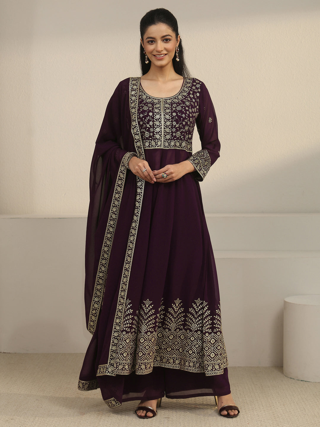  Libas Art Burgundy Floral Embroidered Georgette Anarkali Suit Set 