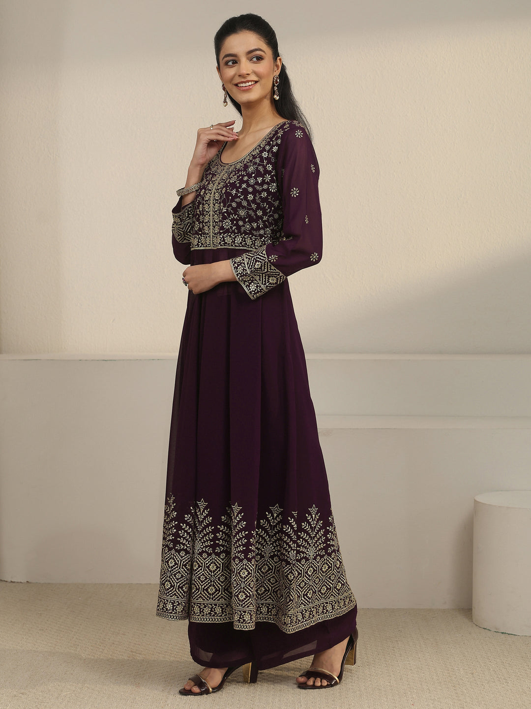  Libas Art Burgundy Floral Embroidered Georgette Anarkali Suit Set 