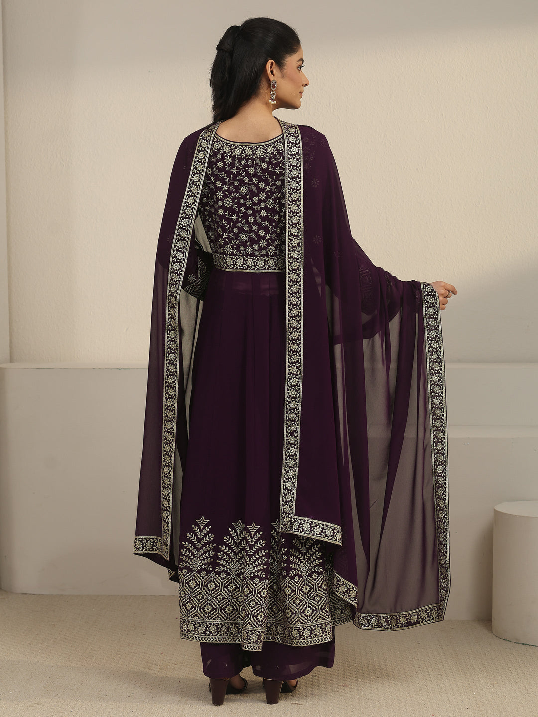  Libas Art Burgundy Floral Embroidered Georgette Anarkali Suit Set 