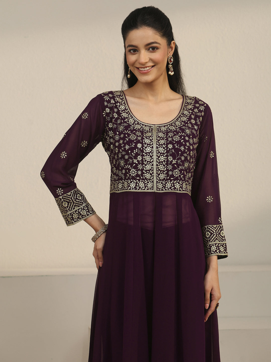  Libas Art Burgundy Floral Embroidered Georgette Anarkali Suit Set 