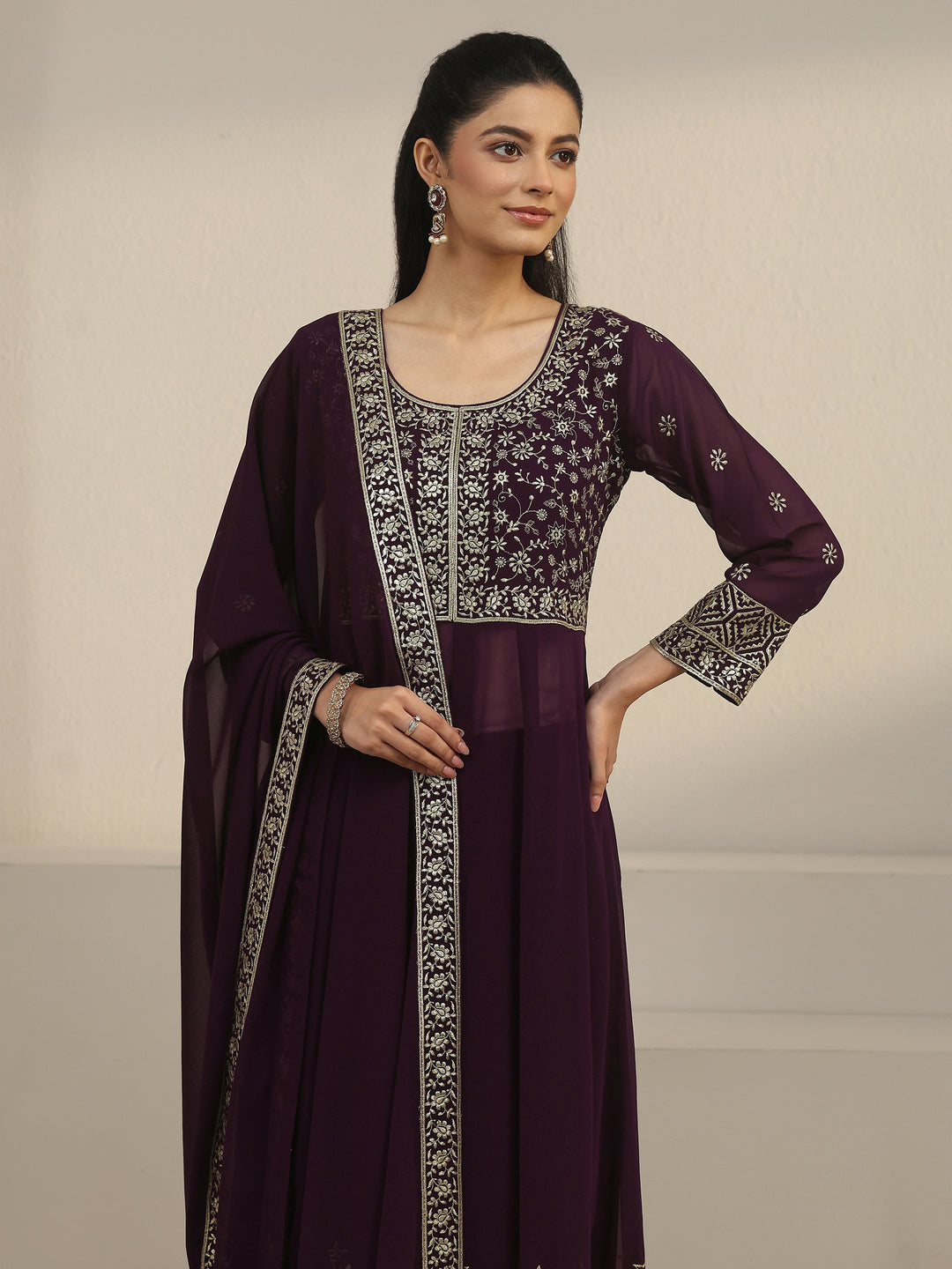  Libas Art Burgundy Floral Embroidered Georgette Anarkali Suit Set 