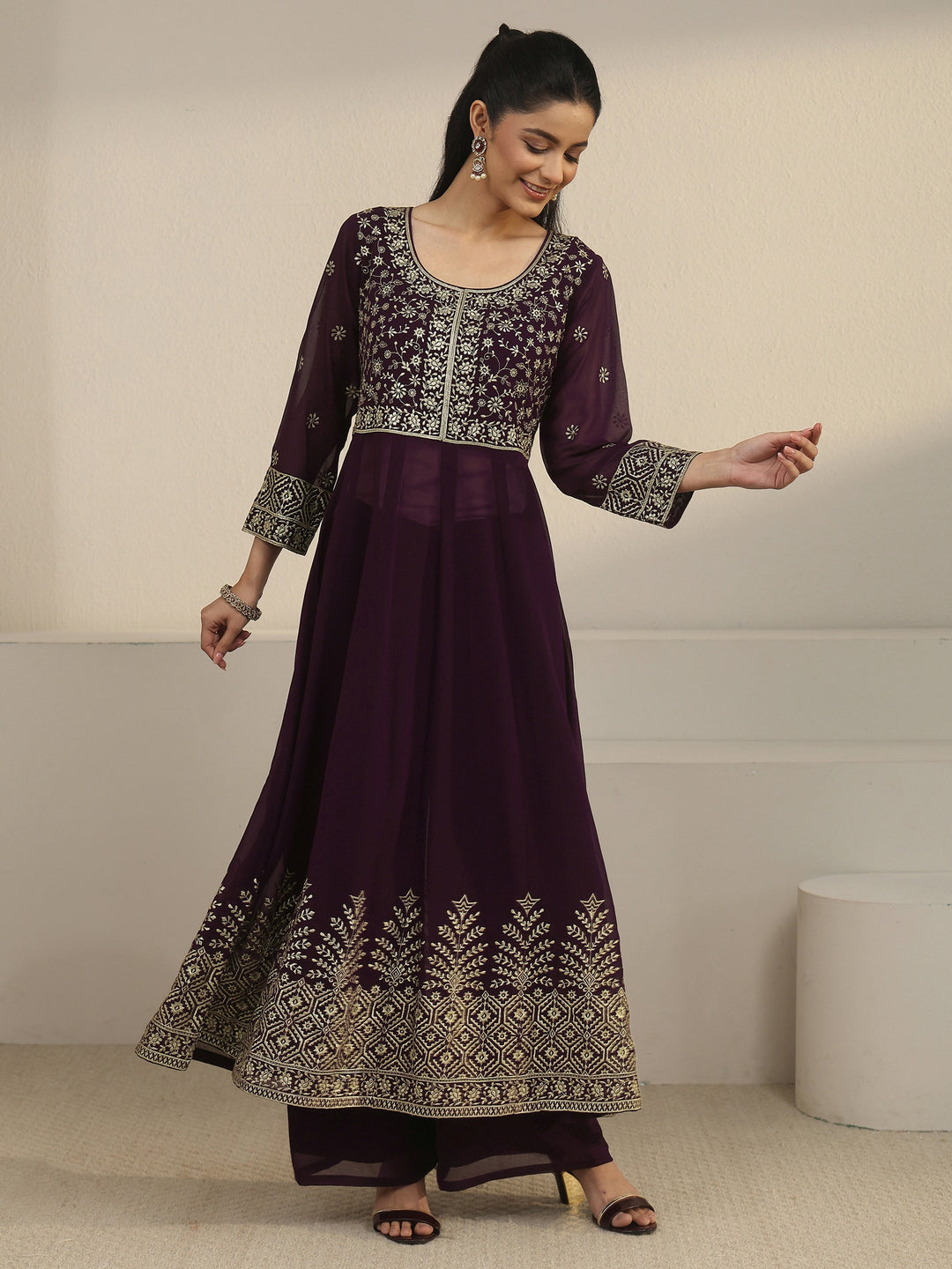  Libas Art Burgundy Floral Embroidered Georgette Anarkali Suit Set 