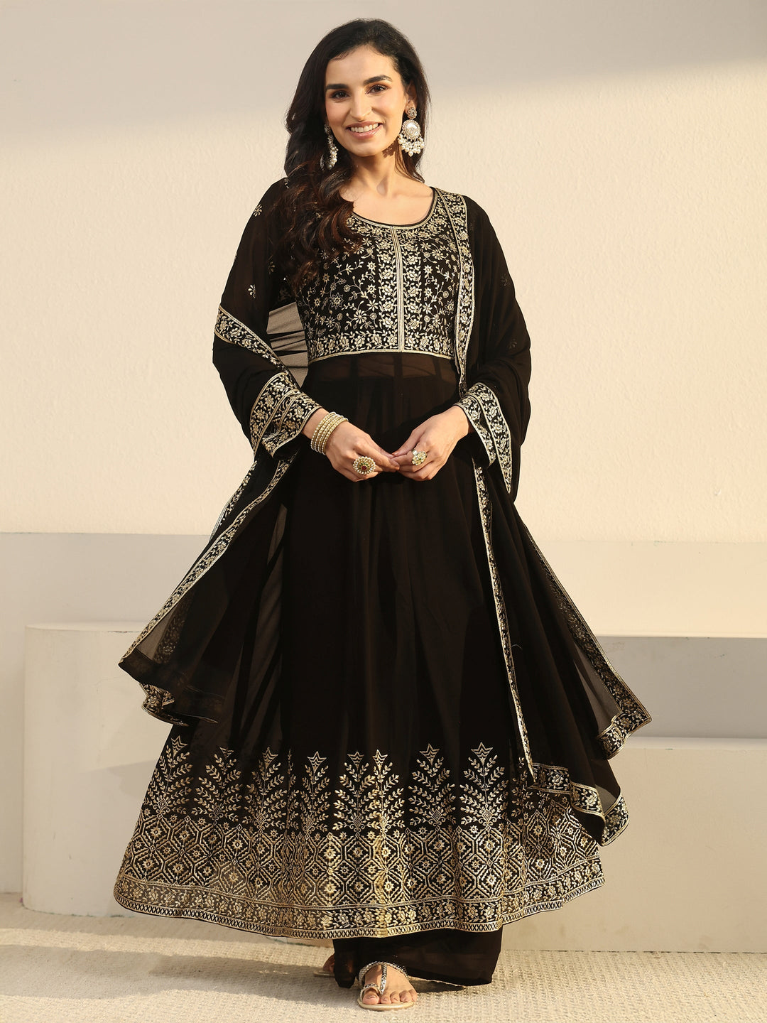  Libas Art Black Floral Embroidered Georgette Anarkali Suit Set 