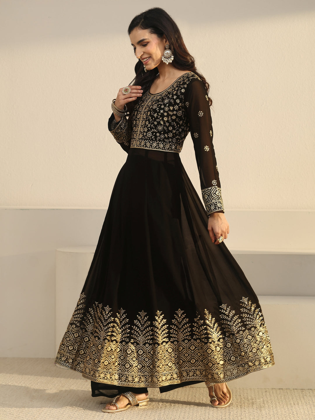 Libas Art Black Floral Embroidered Georgette Anarkali Suit Set 