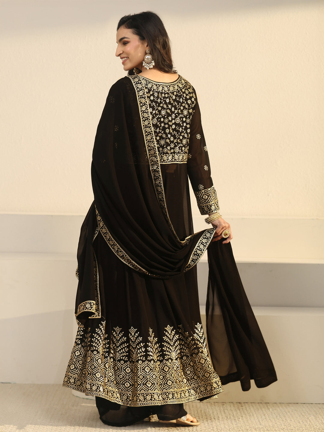  Libas Art Black Floral Embroidered Georgette Anarkali Suit Set 