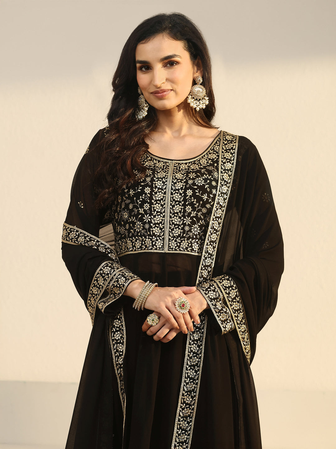  Libas Art Black Floral Embroidered Georgette Anarkali Suit Set 