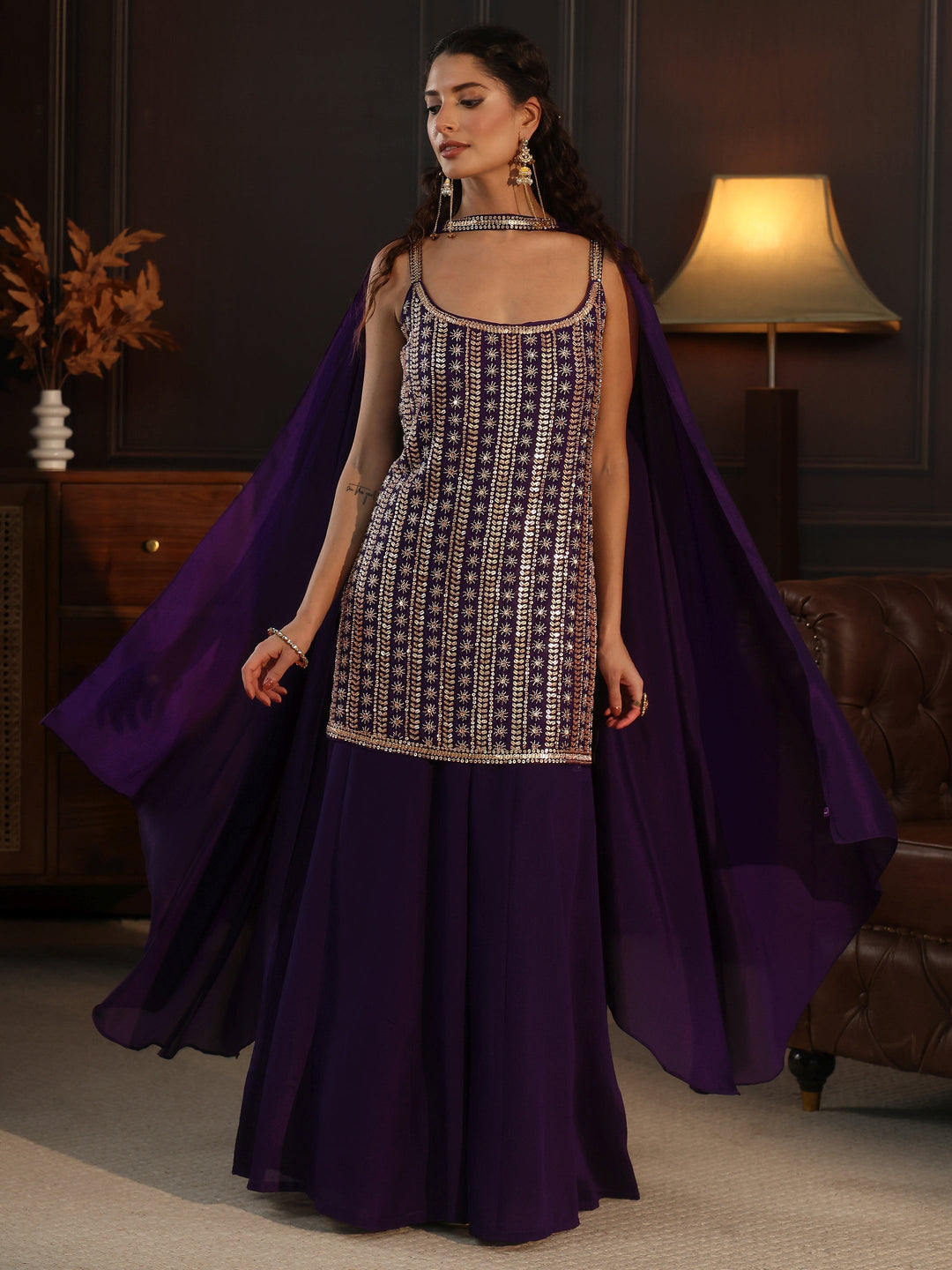  Libas Art Purple Strappy Embellished Chinon Palazzo Suit Set 