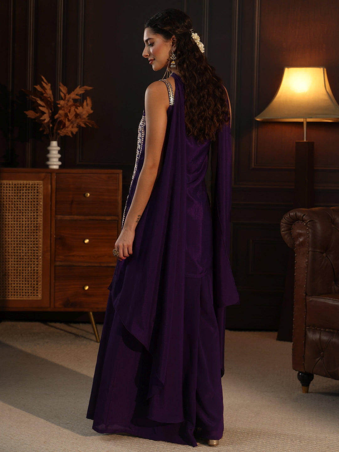  Libas Art Purple Strappy Embellished Chinon Palazzo Suit Set 