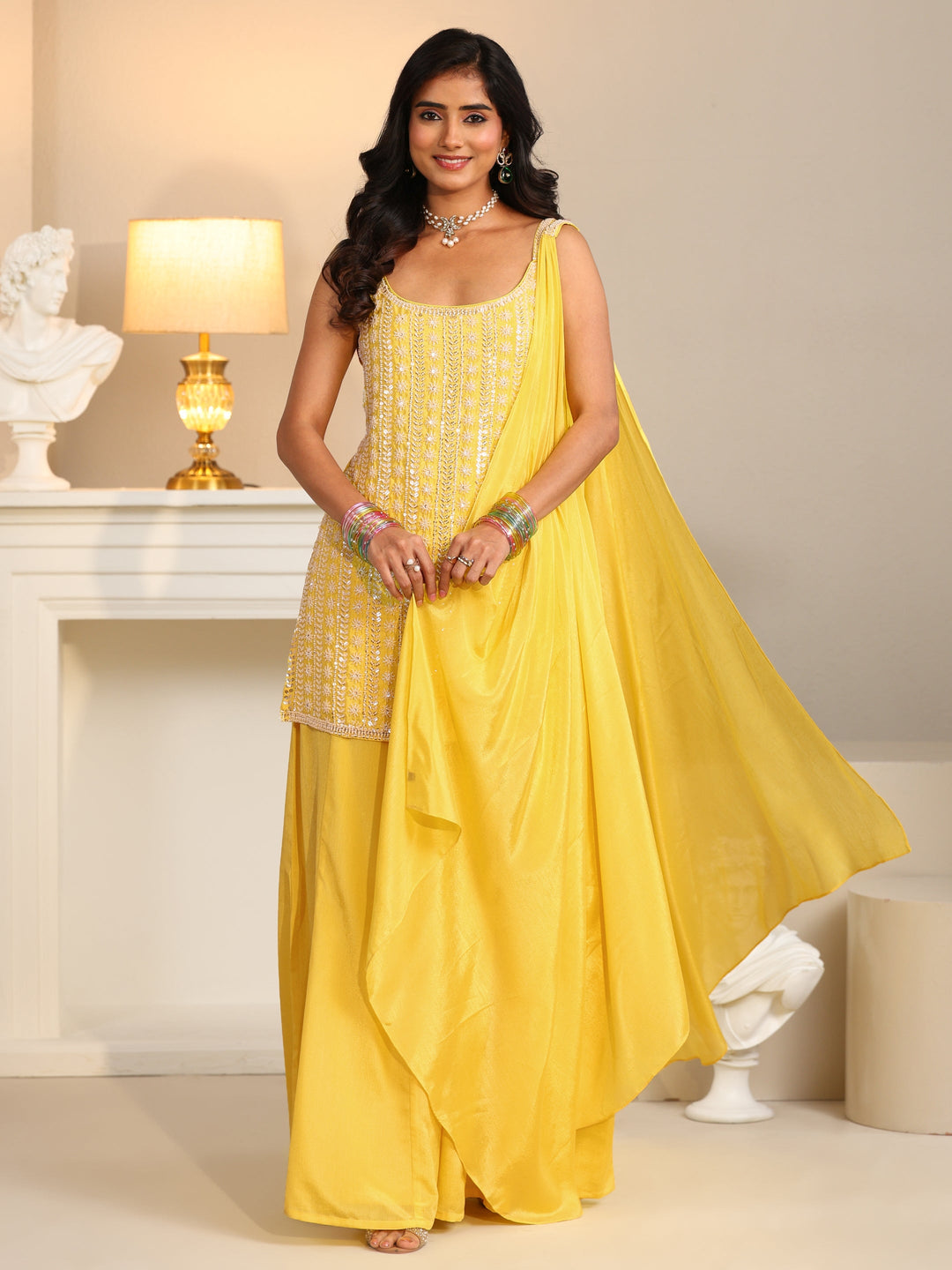  Libas Art Yellow Embellished Strappy Chinon Palazzo Suit Set 