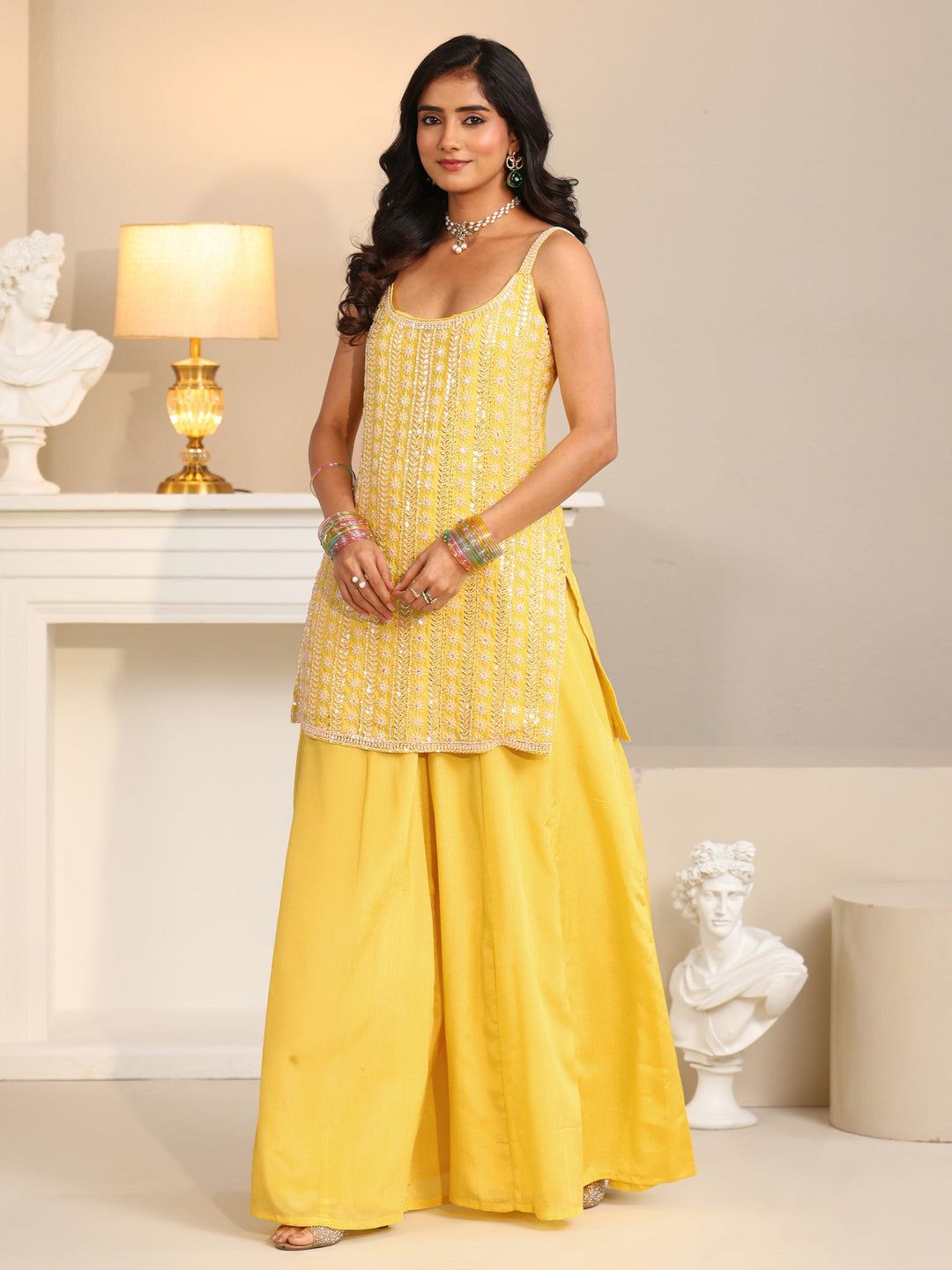 Libas Art Yellow Embellished Strappy Chinon Palazzo Suit Set 