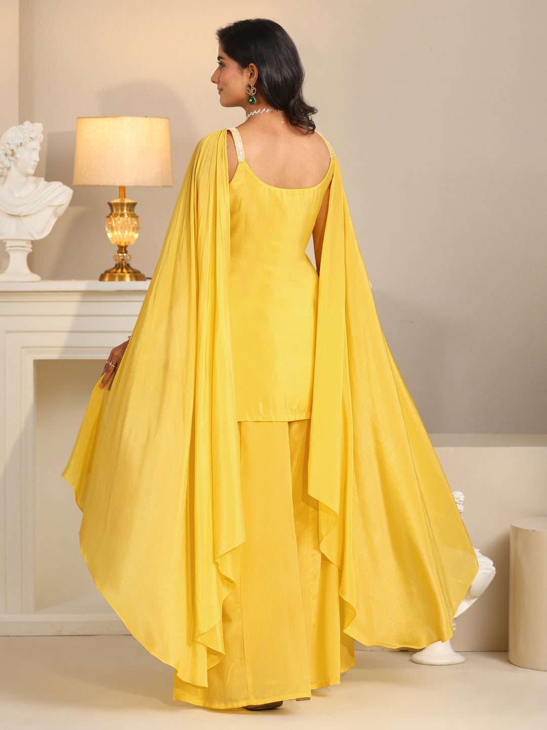  Libas Art Yellow Embellished Strappy Chinon Palazzo Suit Set 
