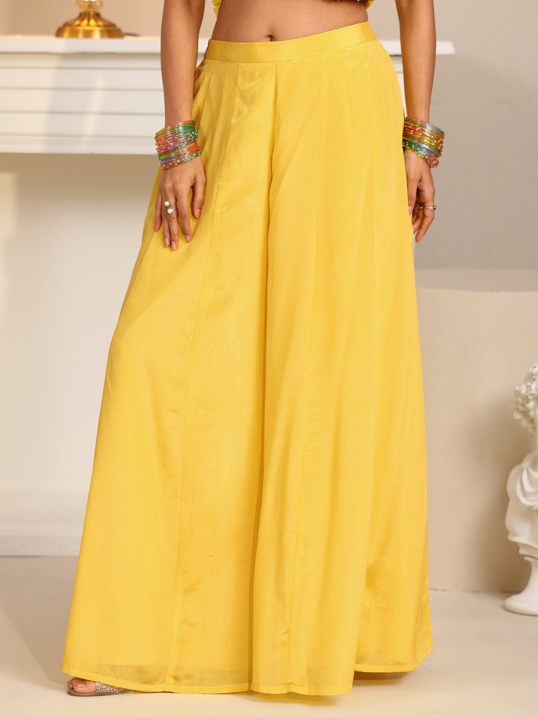  Libas Art Yellow Embellished Strappy Chinon Palazzo Suit Set 