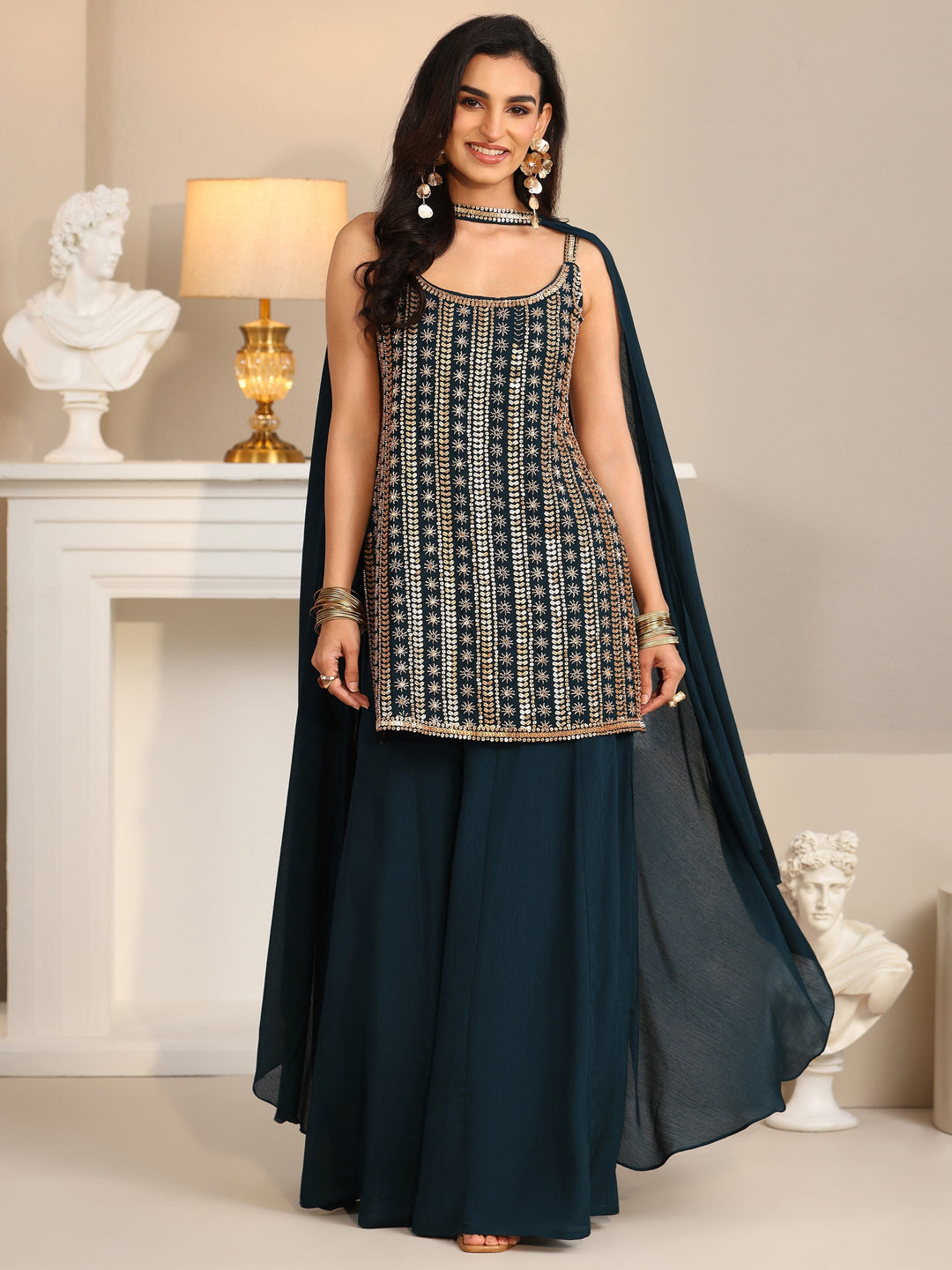  Libas Art Navy Blue Embellished Strappy Chinon Palazzo Suit Set 