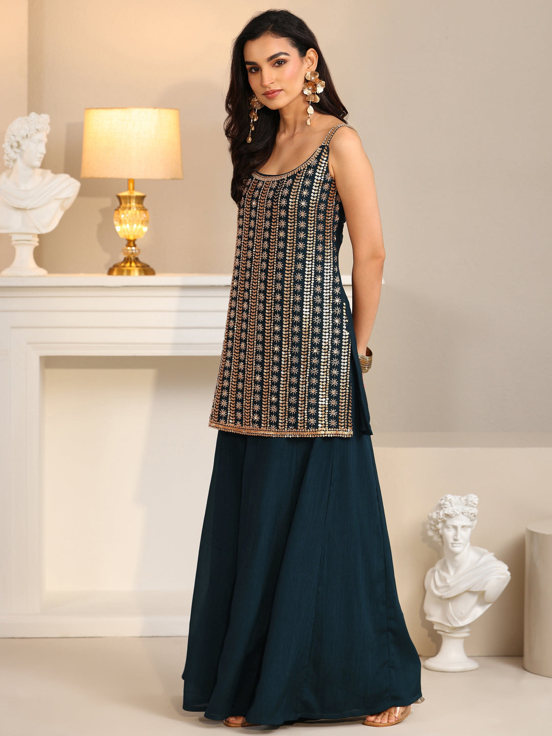  Libas Art Navy Blue Embellished Strappy Chinon Palazzo Suit Set 